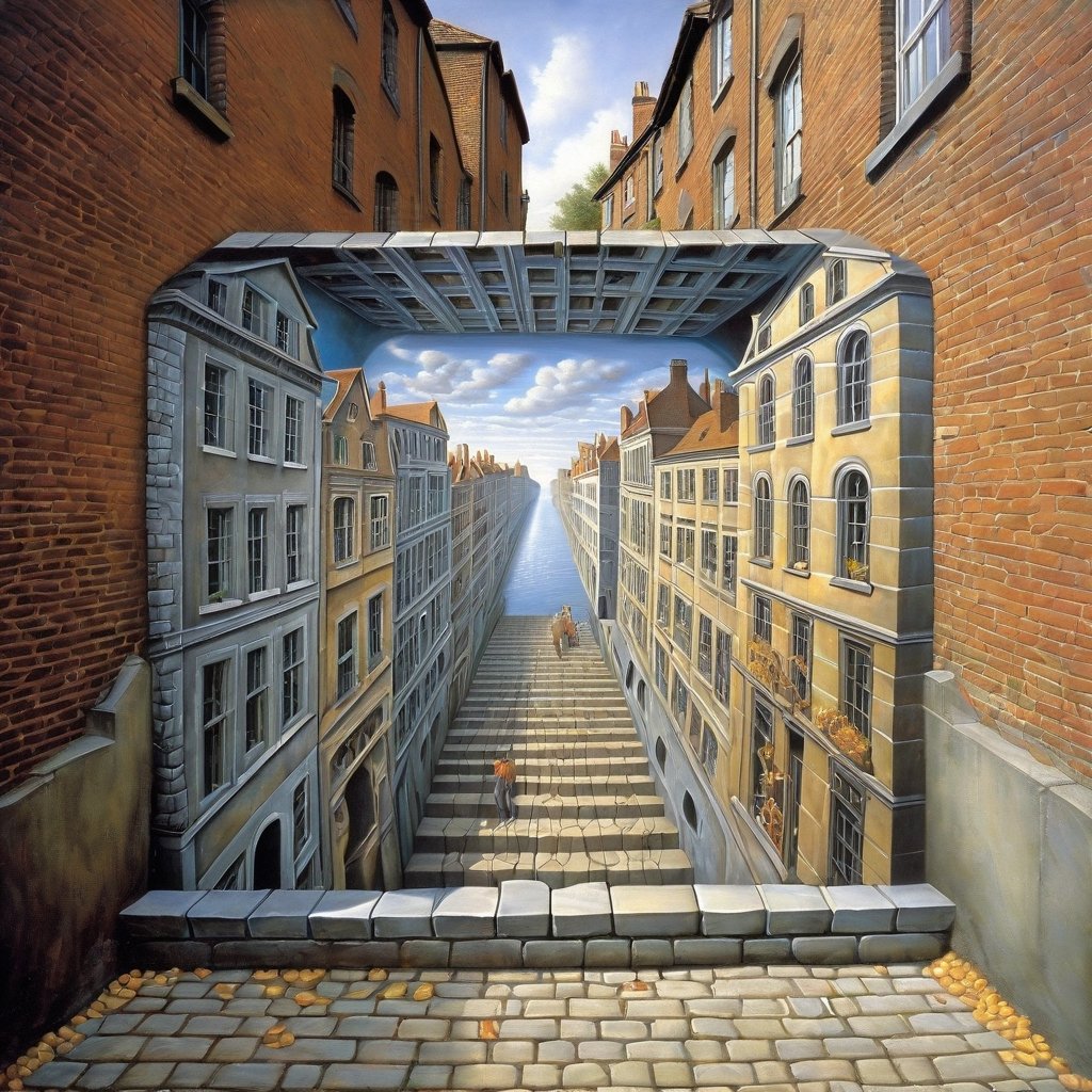 Trompe-l'œil illusion wall graffiti by julian beever and rob gonsalves and m.c. Escher
