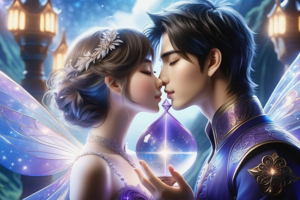 (Masterpiece, Best Quality: 1.5), 3D Poser Art, 32K magical romantic Taiwanese manga style, young cute romantic Taiwanese (hetero-coupl:2) close-up, full body, big eyes, detailed face and fingers, short-haired Taiwanese handsome young man and his beautiful Taiwanese girlfriend kiss next to a extremely (giant fantasy hourglass), best starlight romance, purple-dark blue gradient filter, exquisite quality, 32K, 32K high quality, intricate lighting, luminism, very high details, sharp background, mysticism, (Magic), 32K, 32K (close-up), 32K (Beautifully Detailed Face and Fingers), (Five Fingers), cinematic glowing light effects,DonM3lv3nM4g1cXL