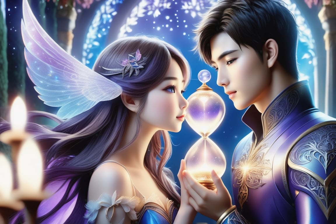 (Masterpiece, Best Quality: 1.5), 3D Poser Art, 32K magical romantic Taiwanese manga style, young cute romantic Taiwanese (hetero-coupl:2) close-up, full body, big eyes, detailed face and fingers, short-haired Taiwanese handsome young man and his beautiful Taiwanese girlfriend kiss next to a extremely (giant fantasy hourglass), best starlight romance, purple-dark blue gradient filter, exquisite quality, 32K, 32K high quality, intricate lighting, luminism, very high details, sharp background, mysticism, (Magic), 32K, 32K (close-up), 32K (Beautifully Detailed Face and Fingers), (Five Fingers), cinematic glowing light effects,DonM3lv3nM4g1cXL