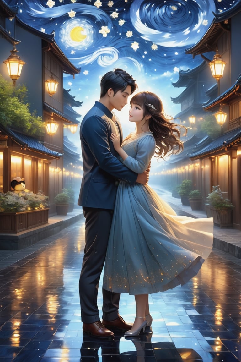 (Fidelity: 1.0), (Masterpiece, Best Quality: 1.5), 32K magical romantic Taiwanese manga painting style, pure water in the shape of (ornate Taiwanese adorable hetersexual-couple), shorthair-man, (girl with brown long flowing hair), (bright beautiful big-eyes), blending in van Gogh's starry night style, mixed with Teddy bear style, blue-grey filter, 32K, intricate lighting, luminism, sharp starlight glass background, (Magic), 32K, 32K (Beautifully Detailed Face and Hands), cinematic glowing light effects,DonM3lv3nM4g1cXL