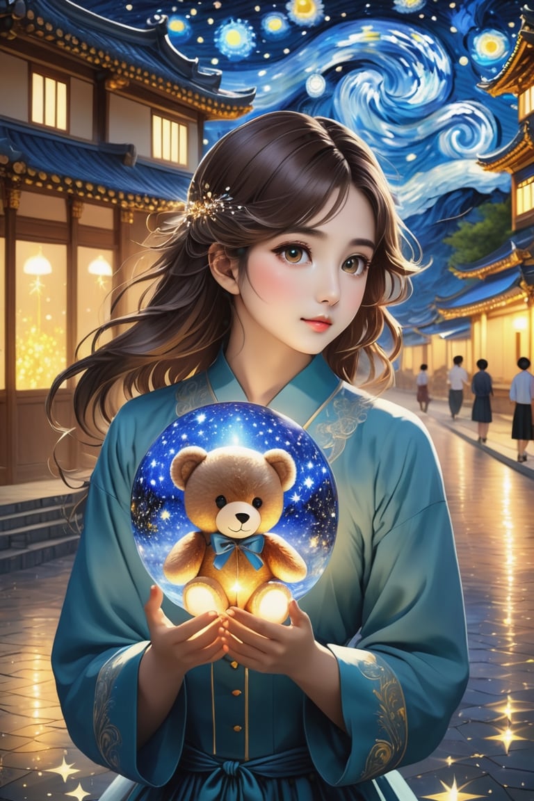 (Fidelity: 1.0), (Masterpiece, Best Quality: 1.5), 32K magical romantic Taiwanese manga painting style, pure water in the shape of (ornate Taiwanese adorable hetersexual-couple), shorthair-man, (girl with brown long flowing hair), (bright beautiful big-eyes), blending in van Gogh's starry night style, mixed with Teddy bear style, blue-grey filter, 32K, intricate lighting, luminism, sharp starlight glass background, (Magic), 32K, 32K (Beautifully Detailed Face and Hands), cinematic glowing light effects,DonM3lv3nM4g1cXL