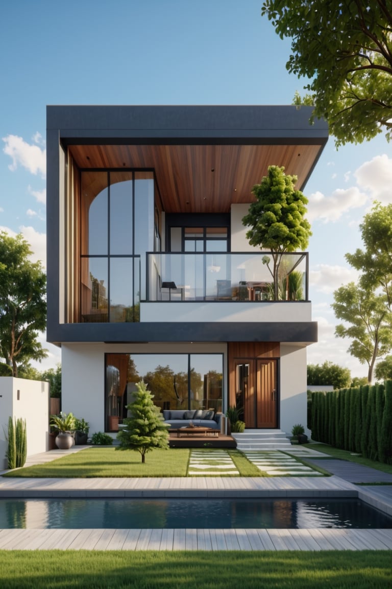 (masterpiece),(high quality), best quality, real,(realistic), super detailed, (full detail),(4k),8k,modern house exterior design,Modern architecture,Beautiful_sky,Day light, no_humans, outdoors,sky,tree;