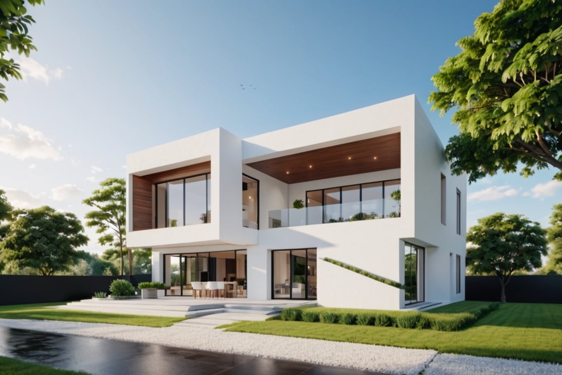 (masterpiece),(high quality), best quality, real,(realistic), super detailed, (full detail),(4k),8k,WHITE modern house exterior design,Modern architecture,Beautiful_sky,Day light, no_humans, outdoors,sky,tree;