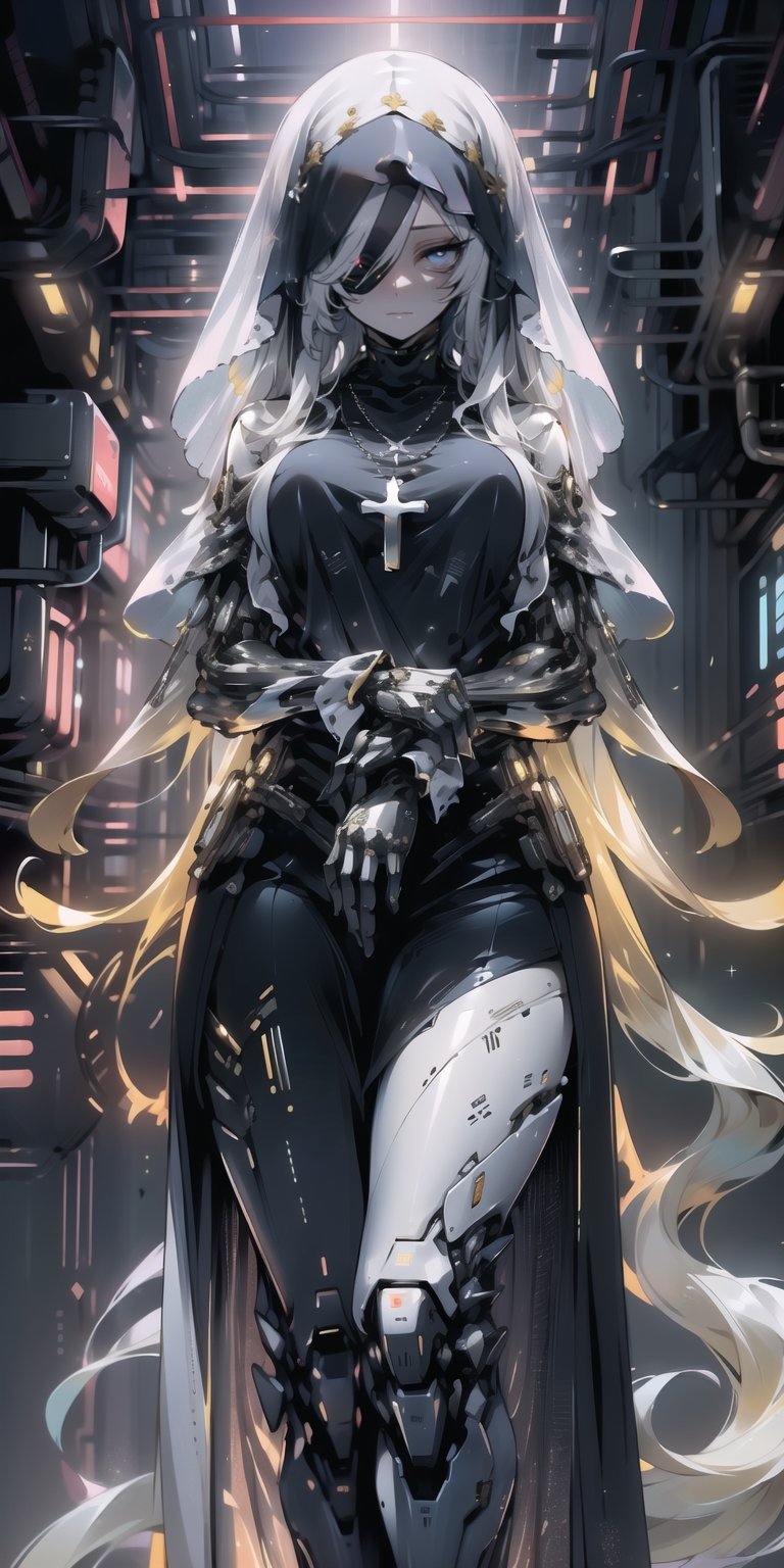 BEST QUALITY, HIGHRES, ABSURDRES, HIGH_RESOLUTION, MASTERPIECE, SUPER DETAIL, HYPER DETAIL, INTRICATE_DETAILS, PERFECTEYES, DARK EYELASHES, EYELINER, SOFT GLOWING EYES, 64K, SCORE_9,

1girl, solo, long hair, breasts, bangs, gloves, dress, closed mouth, white hair, cowboy shot, necklace, black dress, own hands together, cross, veil, facing viewer, nun, own hands clasped, covered eyes, android, cybersuit, exosuit, hardsuit, mechasuit, mecha,
