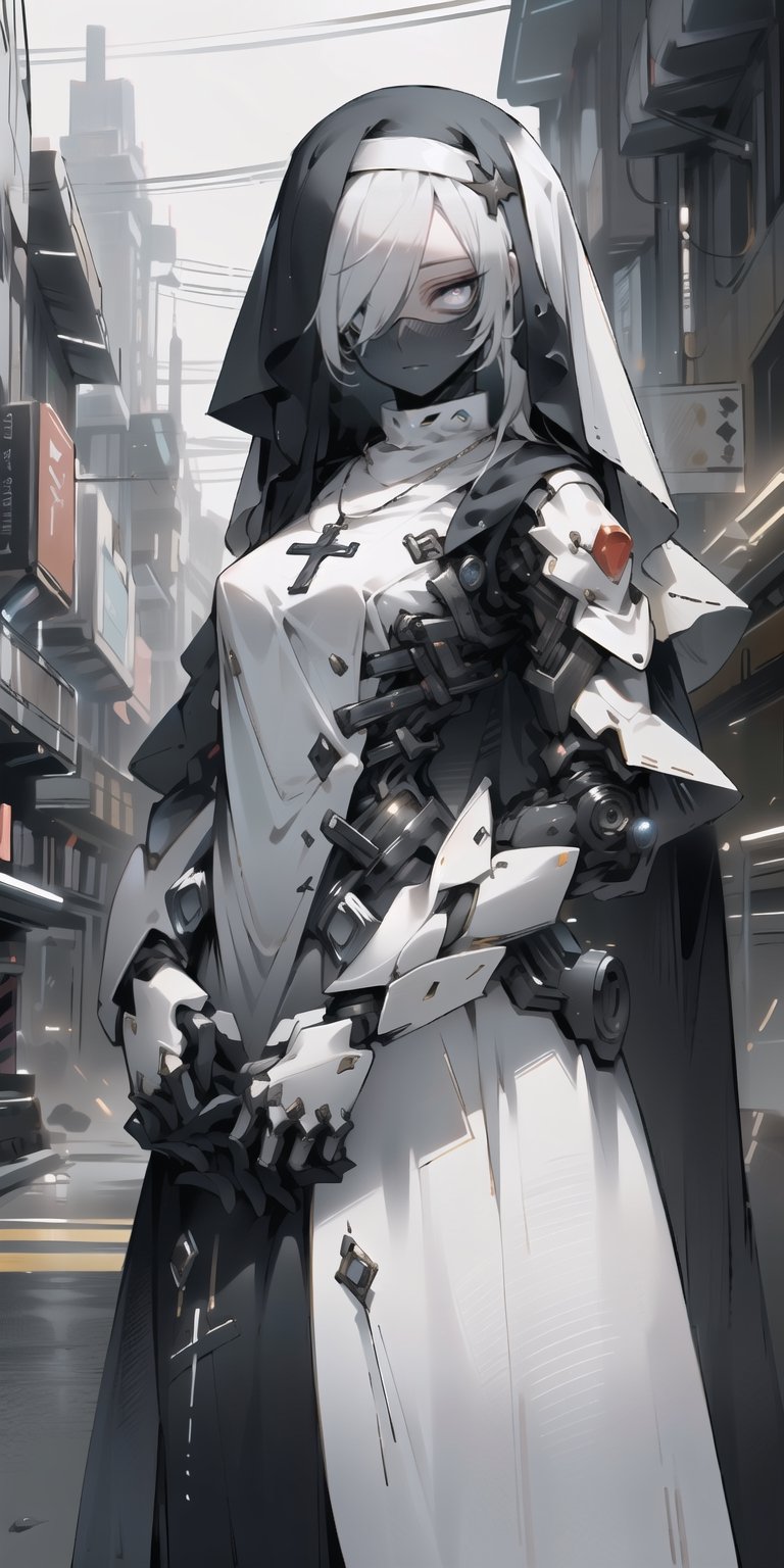 BEST QUALITY, HIGHRES, ABSURDRES, HIGH_RESOLUTION, MASTERPIECE, SUPER DETAIL, HYPER DETAIL, INTRICATE_DETAILS, PERFECTEYES, DARK EYELASHES, EYELINER, SOFT GLOWING EYES, 64K, SCORE_9,

1girl, solo, long hair, breasts, bangs, gloves, dress, closed mouth, white hair, cowboy shot, necklace, black dress, own hands together, cross, veil, facing viewer, nun, own hands clasped, covered eyes, android, cybersuit, exosuit, hardsuit, mechasuit, mecha,