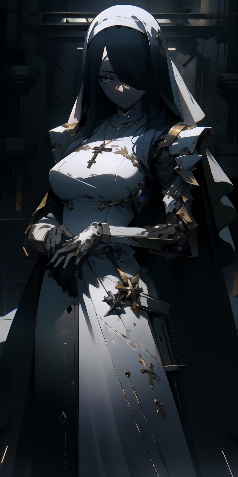 BEST QUALITY, HIGHRES, ABSURDRES, HIGH_RESOLUTION, MASTERPIECE, SUPER DETAIL, HYPER DETAIL, INTRICATE_DETAILS, PERFECTEYES, DARK EYELASHES, EYELINER, SOFT GLOWING EYES, 64K, SCORE_9,

1girl, solo, long hair, breasts, bangs, gloves, dress, closed mouth, white hair, cowboy shot, necklace, black dress, own hands together, cross, veil, facing viewer, nun, own hands clasped, covered eyes, android, cybersuit, exosuit, hardsuit, mechasuit, mecha