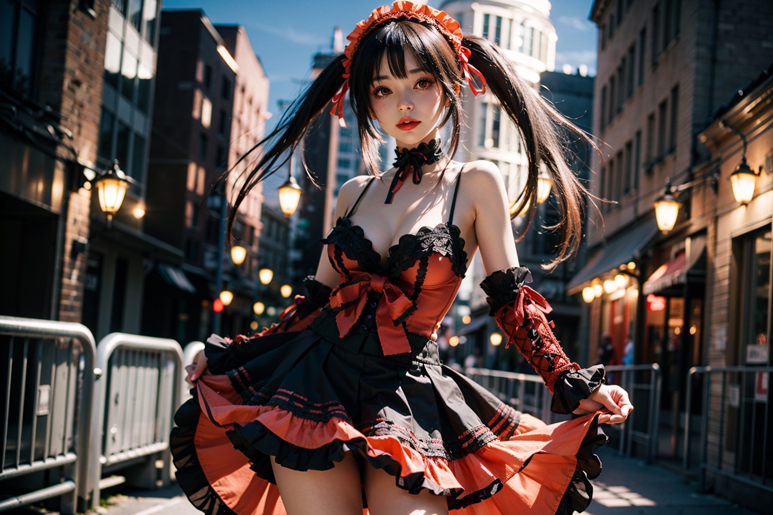 (thigh),
1girl,look at viewer,:),


aakurumi,skirt,
long hair,
twintails,
hairband,
heterochromia,
cleavage,
black choker,
red ribbon,
bare shoulders,
gothic,
red dress,
red bow,
detached sleeves,




night,city street,
((masterpiece)),,Realism,Epic,Makeup