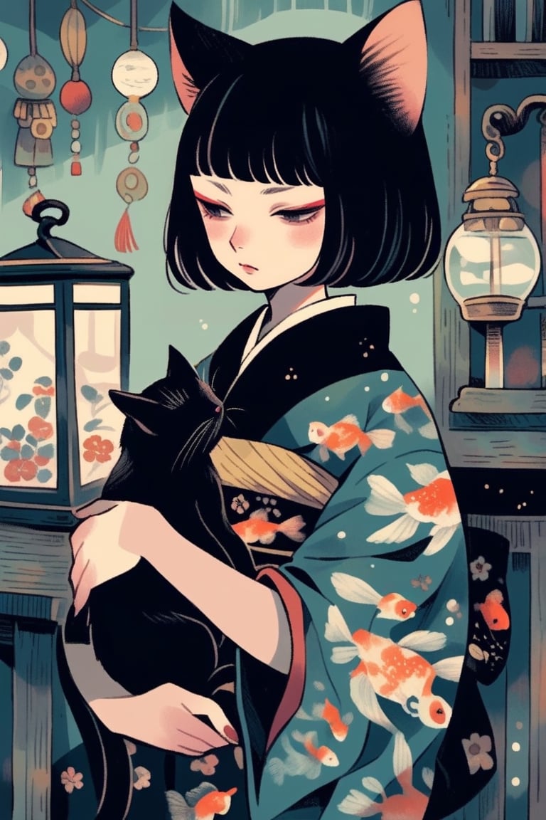 dal-3, 1girl, solo, short hair, black hair, holding, animal ears, closed mouth, upper body, japanese clothes, indoors, cat ears, blunt bangs, wide sleeves, kimono, black eyes, window, makeup, animal, looking down, half-closed eyes, floral print, bob cut, cat, bug, curtains, fish, lantern, holding animal, black cat, cage, goldfish, fish print, loaded interior
