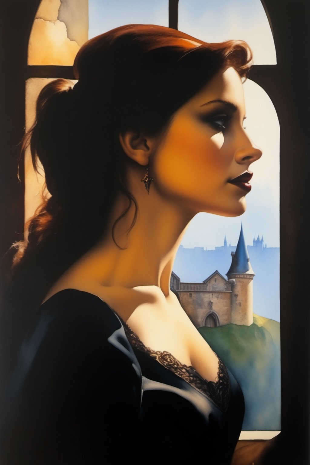 watercolor, An old painting of a girl looking out the window of a Gothic castle, a brown-haired girl, side view, in profile, color correction by Boris Vallejo, full view of the woman, dark makeup on the girl, Gothic art, in watercolor,portraitart,veropeso