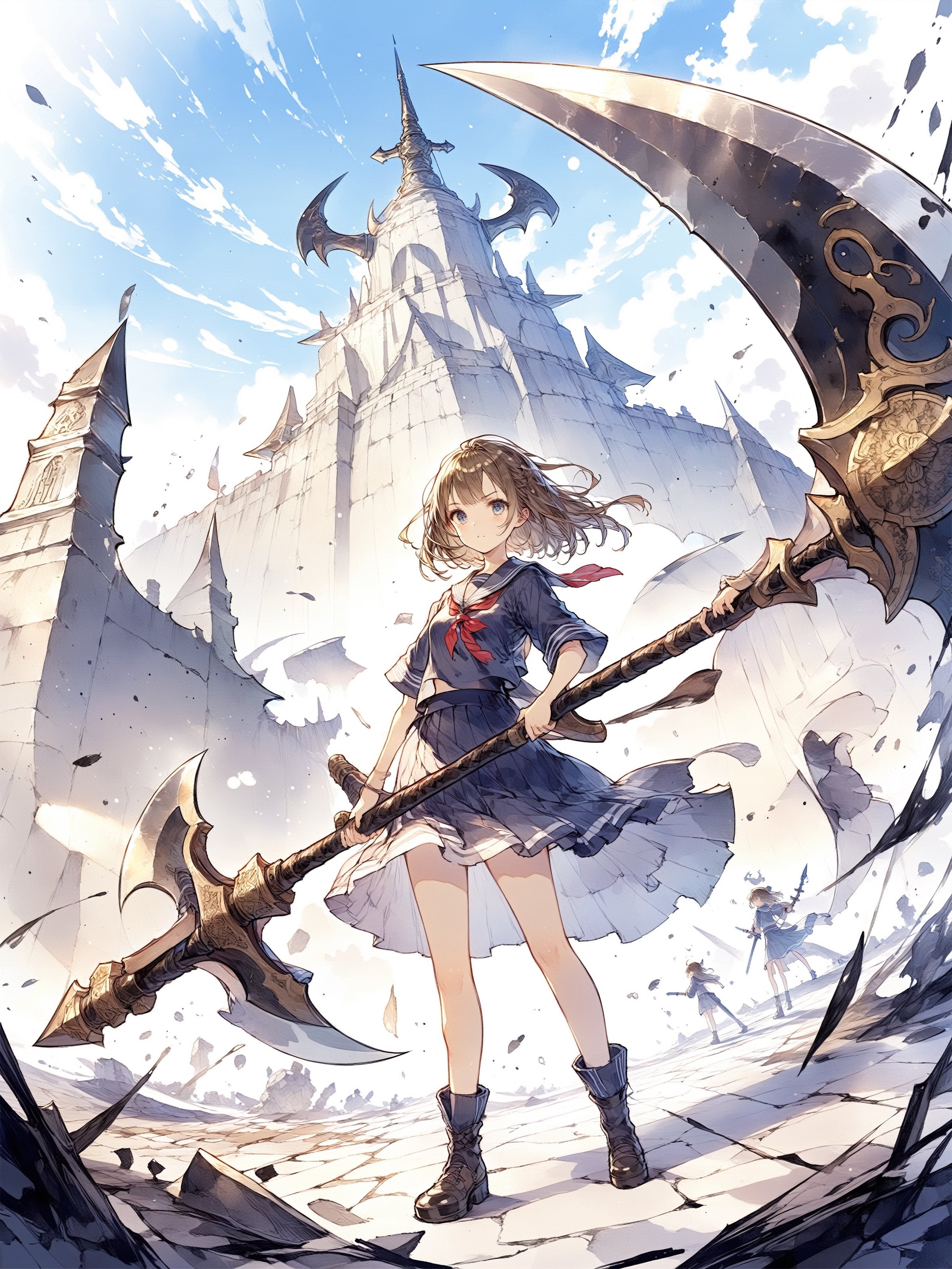 Official Art, Unity 8K Wallpaper, Extreme Detailed, Beautiful and Aesthetic, Masterpiece, Top Quality, perfect anatomy, a beautifully drawn (((ink illustration))) depicting, integrating elements of calligraphy, vintage, watercolor painting, concept art, (best illustration), (best shadow), Analog Color Theme, vivid colours, contrast, smooth, sharp focus, scenery,
A girl standing with (a huge battle axe:1.1), 
The battle axe is bigger than the girl's height.
Battle axe blade glistening silver.
Short brown hair. Serafuku.
Beautiful eyes. Beautiful hair.
Very detailed and quality illustration.
Blue sky, summer sky. upper body, 
masterpiece, top quality, aesthetic, 
battle_axe,(Pencil_Sketch:1.2