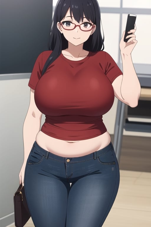 1girl, Big breasts, curvy, thick thighs, fat belly, glasses, blue_jeans, glasses, jeans, black hair, red shirt,  
