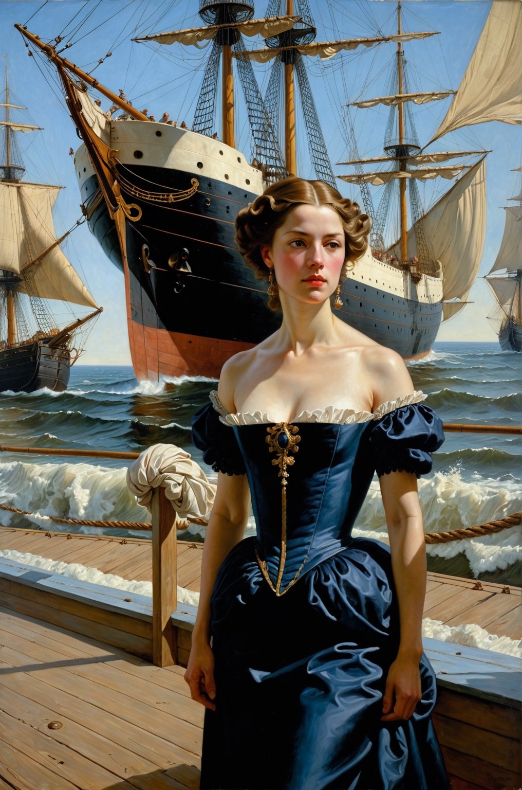 masterpiece, highly detailed,, baroque art, chiaroscuro, Tenebrism, style of Bo Bartlett, Gerald Brom and phil noto, outdoors, ship, shore, (dynamic pose:1.2), Theatrical intensity, Baroque Allegory, rough brushstroke, Emotional Storytelling, Intense contrasts, surreal