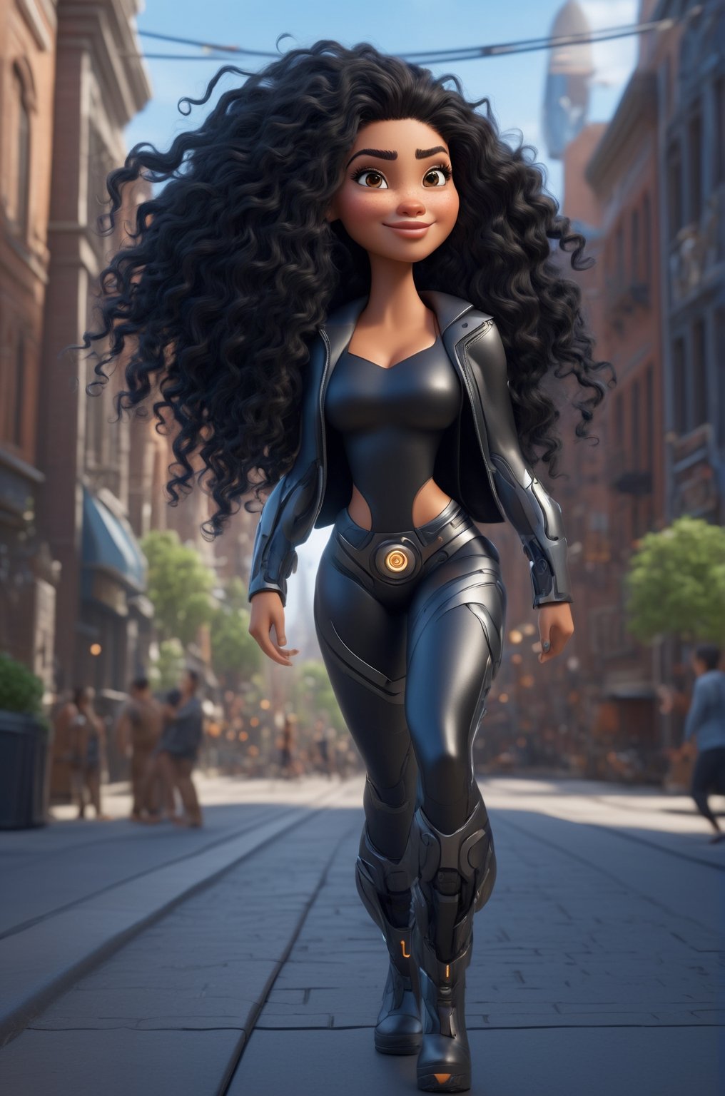 full body, expressive caricature in Pixar style, unreal, mischievous, beautiful girl with long curly black  hair, city street, dynamic pose, cartoon art, trending style on artstation, sharp focus, studio photography, intricate details, very detailed, by Greg Rutkowski, sharp focus, depth of field, unreal engine, perfect composition, art station, 8k, hdr, 

cyborg style, Movie Still