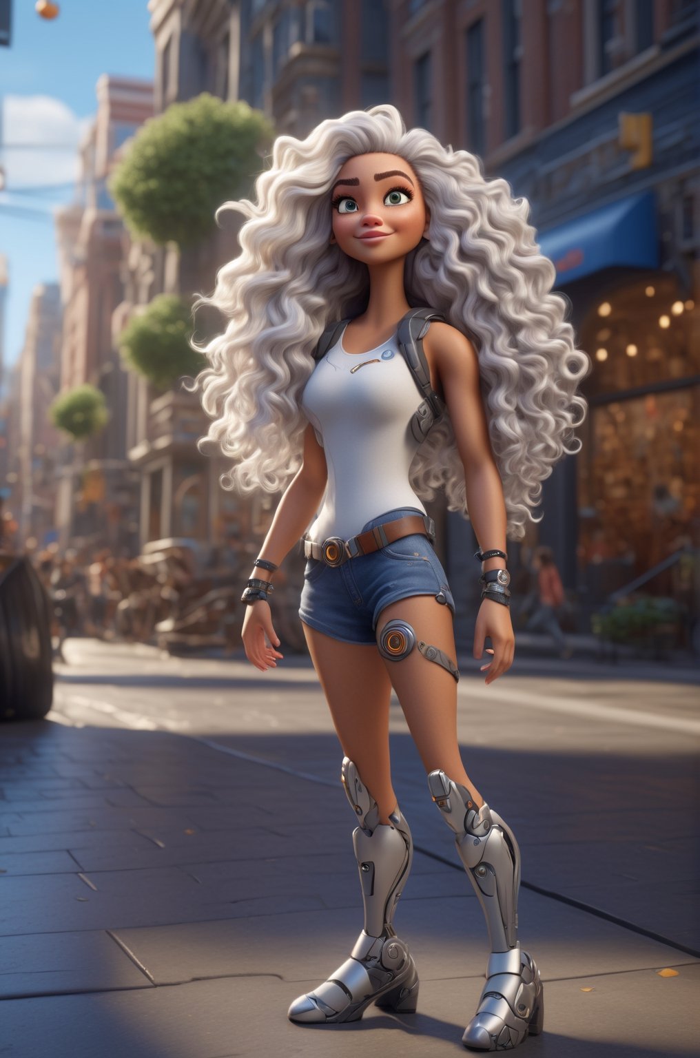 full body, expressive caricature in Pixar style, unreal, mischievous, beautiful girl with long curly white  hair, city street, dynamic pose, cartoon art, trending style on artstation, sharp focus, studio photography, intricate details, very detailed, by Greg Rutkowski, sharp focus, depth of field, unreal engine, perfect composition, art station, 8k, hdr, 

cyborg style, Movie Still