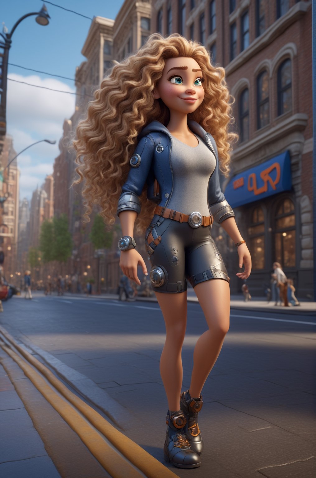 full body, expressive caricature in Pixar style, unreal, mischievous, beautiful girl with long curly blonde  hair, city street, dynamic pose, cartoon art, trending style on artstation, sharp focus, studio photography, intricate details, very detailed, by Greg Rutkowski, sharp focus, depth of field, unreal engine, perfect composition, art station, 8k, hdr, 

cyborg style, Movie Still