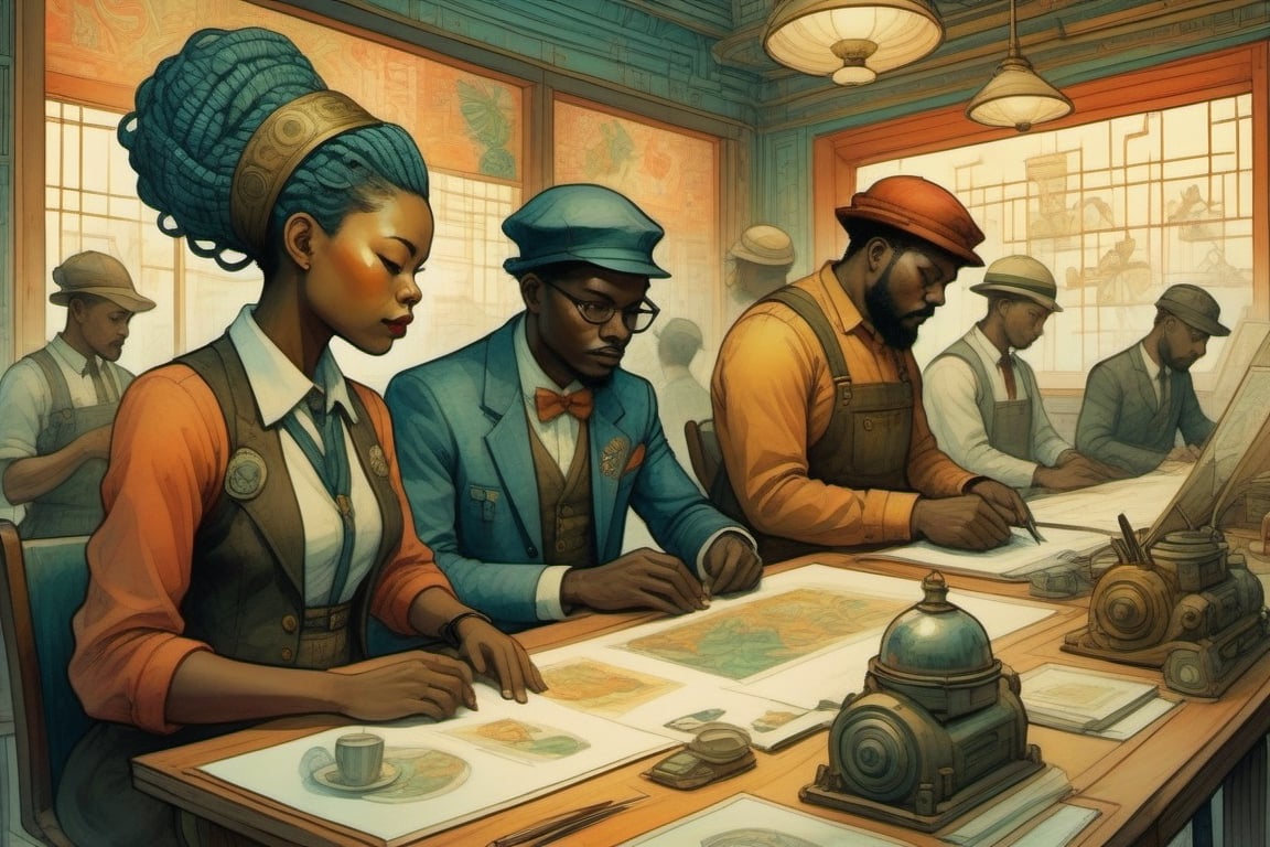 
A vivid watercolor depiction of diverse Rococopunk Afrofuturist workers, collaborating in a creative and productive environment, inspired by the styles of Victo Ngai and Vladimir Kush