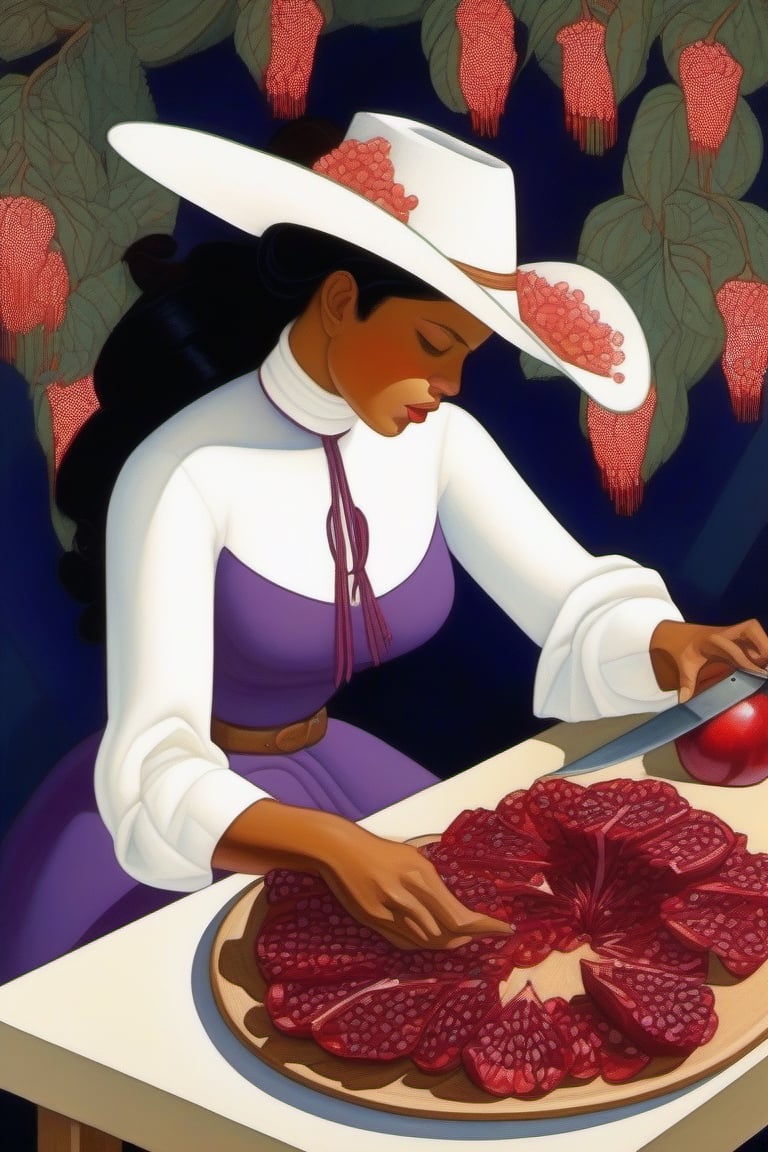 Painting of white clad cowgirl, purple hibiscus, preparing and slicing crimson pomegranates by Diego Rivera VICTO NGAI georgia okeeffe lowell herrero