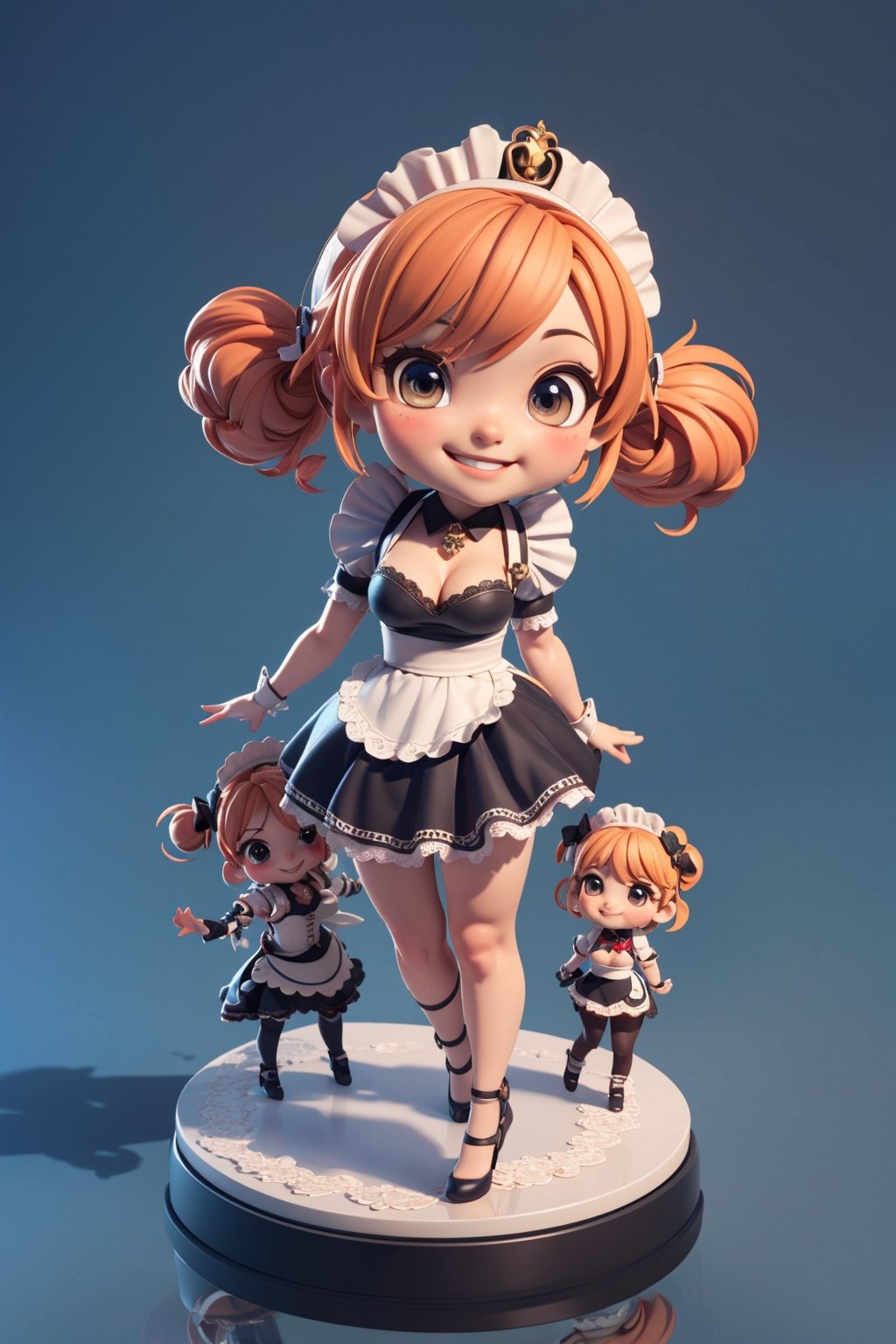 figure on stand in the middle of picture, product shot, solo, full body, 3d figure, dynamic poses, masterpiece, reflections, (simple background), simple display stand, round display stand, from above, (smile), (chibi:1.2), 3 head tall, cleavage, (sexy maid, lace, girl)