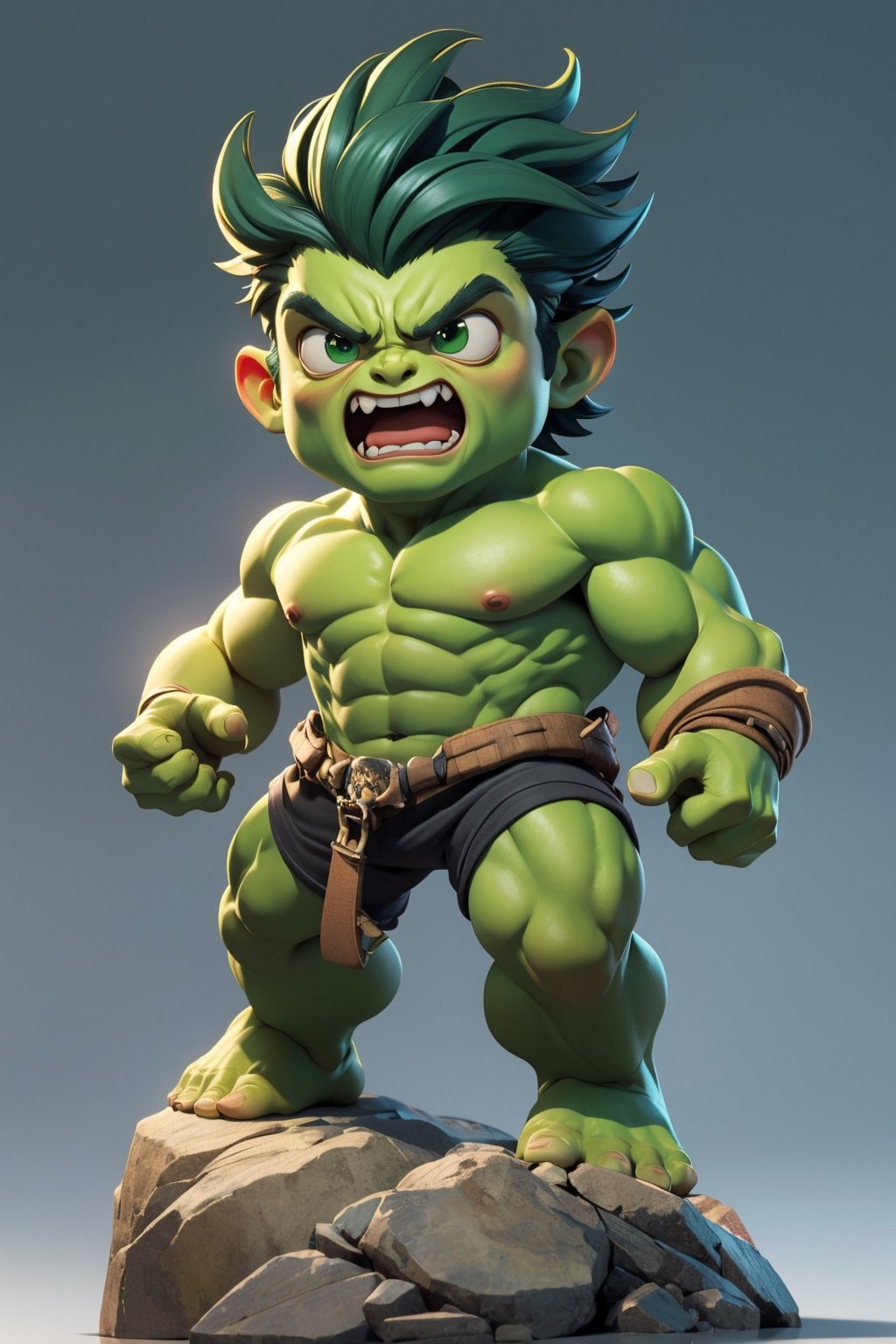 product shot, (solo:1.3), full body, dynamic poses, masterpiece, reflections, (simple background:1.3), round stand, from front, (3D Chibi Figure) , marvel hulk, green skin, green body, ((shouting))