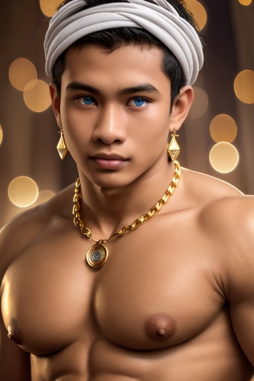 HD picture, Real picture, bokeh background, A super handsome god like Javanese cyute boy, 17 y.o, muscled, big pecs, with big pointy puffy nipples, large areolas, erect nipples, blue eyes, weat ivory gold accessories gold diamond head band, shoulder band, gold chain necklace, diamond pendant, white skin, 16k,Masterpiece,fathkur,fal4h