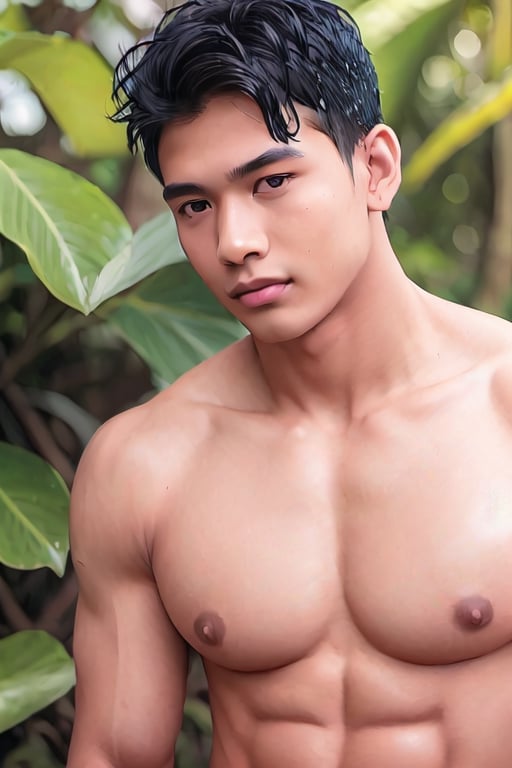 photoshoot portrait, hyperrealistic, oil painting by Alphonse Mucha and Charlie Bowater of a boy, handsome, masculine, majapahit prince, 18 y.o, mix face of Miko Pasamonte: Kokoy De Santos: arya kamandanu: 0.33:, mythology, fit body, bare chest, detailed face, detailed muscular physique, abdominal muscles, retina, macho, oily body, handsome face, strong body, muscular man, bodybulder, white pale redish skin, clean shaven, with black dark wide pointy puffy nipple, erect nipple, small smile, mid back length hair, mix race between sudan and Arab, wear gold head band, gold shoulder band, gold necklace, gold crown, wear rope harness, g-string, hair bund, bokeh background natural scene in the javanese pond garden full of Water Hyacinth flower and in rain during a spectacular sunset, god of light, coconut tree landscape countryside, best quality, 16k, insanely detailed, intricate detail, highly detailed, super detail, high details, uhd, HDR, drop shadow, sparkle, depth of field, ccurate, elegant, medium shot, expert, ,large areolas,HUGEFAKETITS,Big Nipples,Portrait,Perfect Nipples,photorealistic,Masterpiece,boy,kpop,fathkur