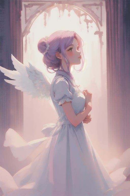 Bailarina, cabello blanco, vestido violeta pastel, fondo rosa con alas de angel