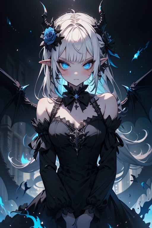 white hair, deep blue eyes, aura of dark power, the most powerful being in the world, queen of darkness, lost look, pointed ears, black dress with blue edges, killer of gods, the one who killed Lucifer, incarnation of the gods dragons, masterpiece, very good quality, excellent quality, perfect face, small breasts, serious face, dazed, calm, kuudere, eyes with blue flames, looking down, as if on top of the world, horns, fake goddess, bare shoulders, gothic, Mullet Bangs, staring, sad expression, blue roses in her hair and her dress,emanates the power of chaos within her,black sclera,black bow tie, domino dresses from the Victorian era,floppy ears.