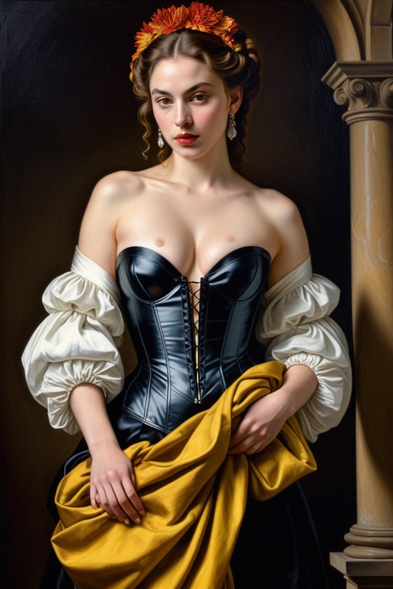 (((iconic oíl painting but extremely beautiful)))
(((intricate details,masterpiece,best quality)))
(((gorgeous, voluptuous, yellow  glamorous fashion, 
sophisticated,elegant,sexy)))
(((Chiaroscuro darkness light background)))
(((by caravaggio style)))
(((by Michael Curtiz style))),Extremely Realistic