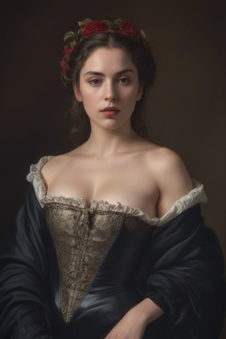 (((iconic oíl painting but extremely beautiful)))
(((intricate details,masterpiece,best quality)))
(((gorgeous, voluptuous,glamorous fashion, 
sophisticated,elegant,sexy)))
(((Chiaroscuro light background)))
(((by caravaggio style)))
(((by Michael Curtiz style)))