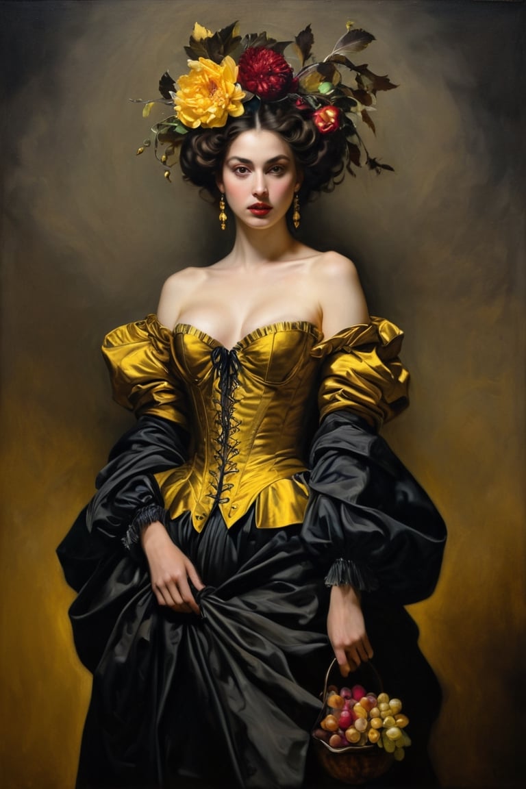 (((iconic oíl painting but extremely beautiful)))
(((intricate details,masterpiece,best quality)))
(((gorgeous, voluptuous, yellow  glamorous fashion, 
sophisticated,elegant,sexy)))
(((Chiaroscuro darkness light background)))
(((by caravaggio style)))
(((by Michael Curtiz style))),Extremely Realistic, in the style of esao andrews
