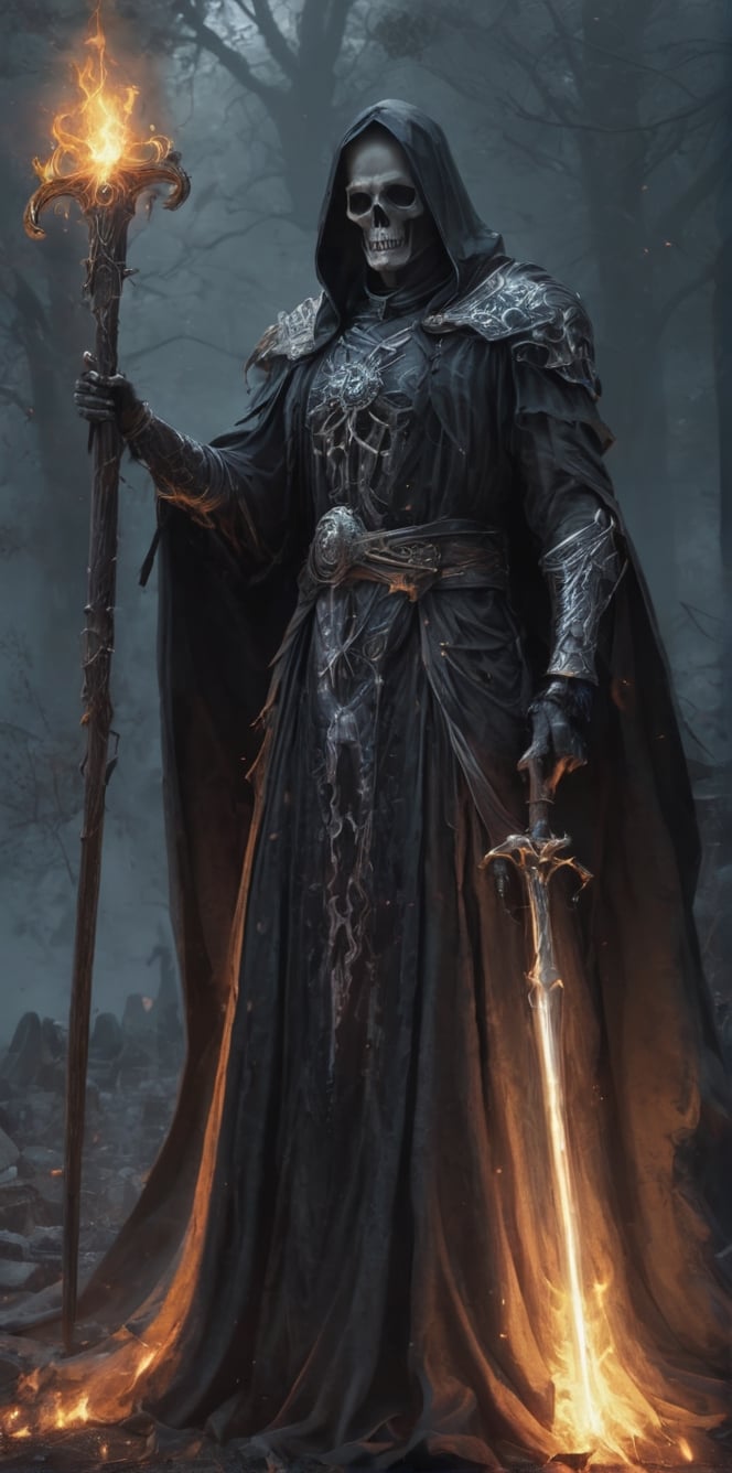 Generate hyper realistic image of a necromancer performing an unholy ritual to raise the dead, surrounded by a graveyard filled with restless spirits. The necromancer's staff should channel dark energies, and skeletal hands should emerge from the ground as the undead awaken. Convey the malevolent power of the necromancer as they defy the natural order to command the deceased.