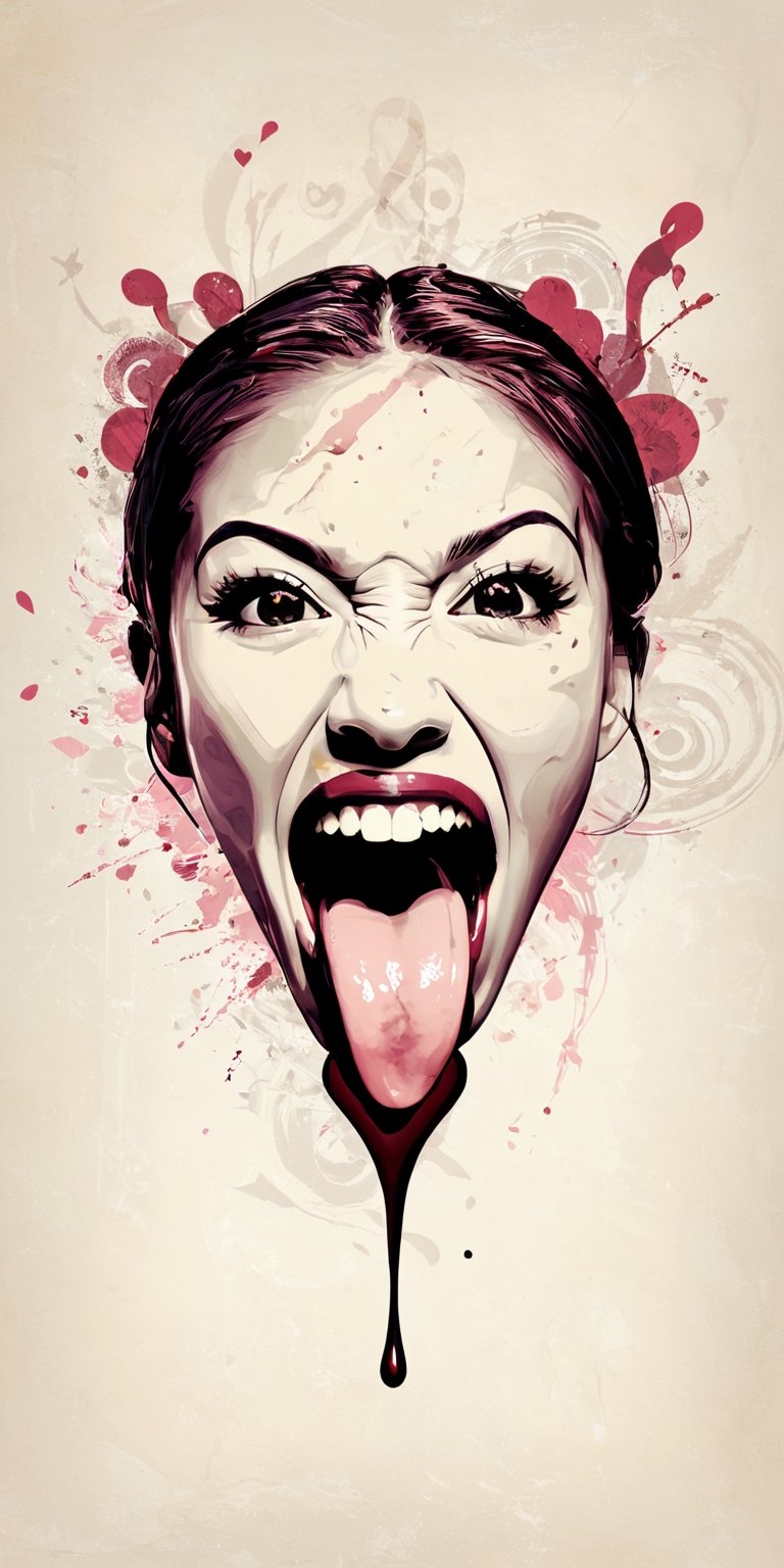 (An amazing and captivating abstract illustration:1.4), 1girl, female focus,  (Super Long Tongue out:1.2),mouth wide open,yoga suit, (grunge style:1.2), (frutiger style:1.4), (colorful and minimalistic:1.3), (2004 aesthetics:1.2),(beautiful vector shapes:1.3), with (the text "YO!":1.1), text block. BREAK swirls, x \(symbol\), heart \(symbol\), gradient background, sharp details, oversaturated. BREAK highest quality, detailed and intricate, original artwork, trendy, mixed media, vector art, vintage, award-winning, artint, SFW,DonMD4rkT00nXL,super long Tongue out,Frontview, Mouth wide open