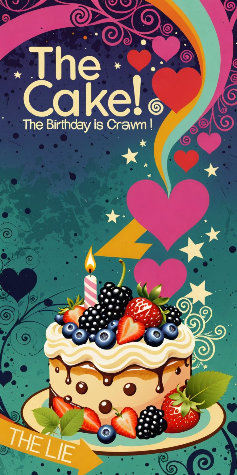 (An amazing and captivating abstract illustration:1.4), (birthday cake:1.3), cake focus, tempting appearance, (top with berries, decorated with whipped cream:1.3), food photo, (grunge style:1.2), (frutiger style:1.4), (colorful and minimalistic:1.3), (2004 aesthetics:1.2),(beautiful vector shapes:1.3), with (the text "THE CAKE IS A LIE!":1.3), text block. BREAK swirls, x \(symbol\), arrow \(symbol\), heart \(symbol\), gradient background, sharp details, muted colors. BREAK highest quality, detailed and intricate, original artwork, trendy, mixed media, vector art, vintage, award-winning, artint, SFW,Text