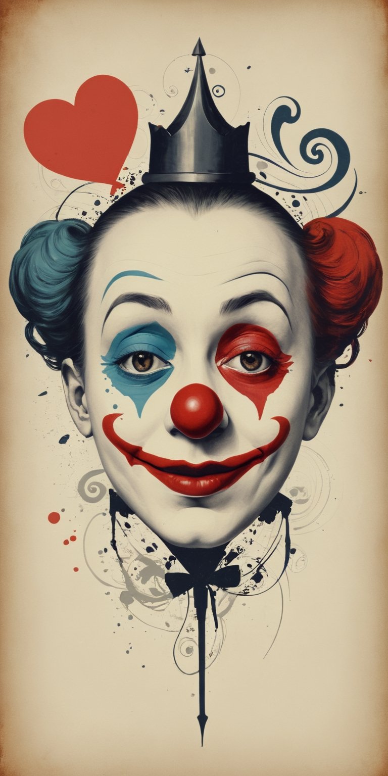 (An amazing and captivating abstract illustration:1.4), Clown face, face focus, a poster for a Circus in the 1800s, (grunge style:1.2), (frutiger style:1.4), (colorful and minimalistic:1.3), (2004 aesthetics:1.2),(beautiful vector shapes:1.3), with (the text "YO!":1.1), text block. BREAK swirls, x \(symbol\), heart \(symbol\), gradient background, sharp details, oversaturated. BREAK highest quality, detailed and intricate, original artwork, trendy, mixed media, vector art, vintage, award-winning, artint, SFW,DonMD4rkT00nXL,