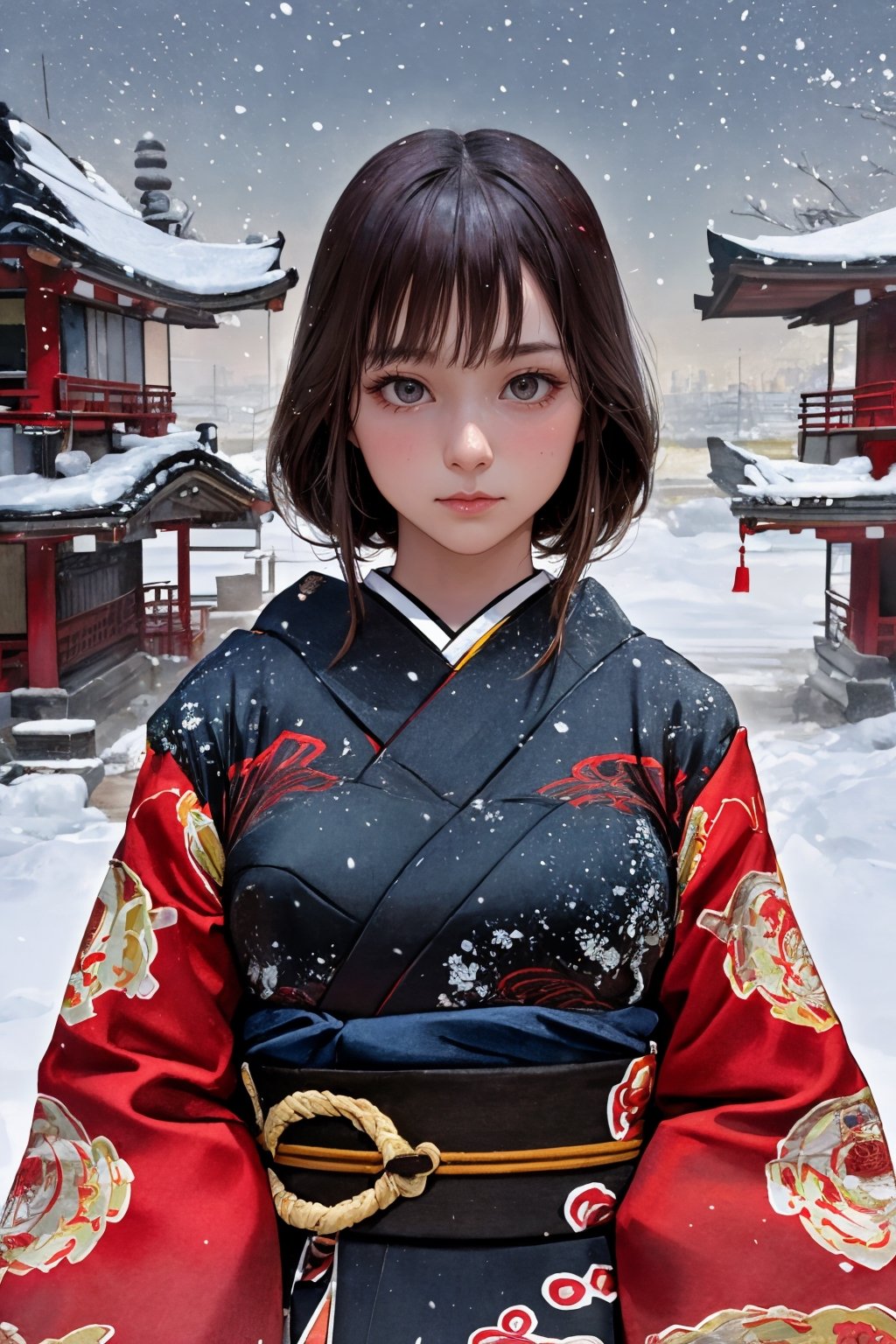 (Hashimoto Kanna as 1 Japanese Ninja:1.2) (autumn, snowing), (water color style, double exposure) ,(sexy ninja outfit), dim light, muted color,Impressionism, (ultra detailed background of a ancient Japanese buildings), harmonious composition, epic art work, Hashimoto Kanna