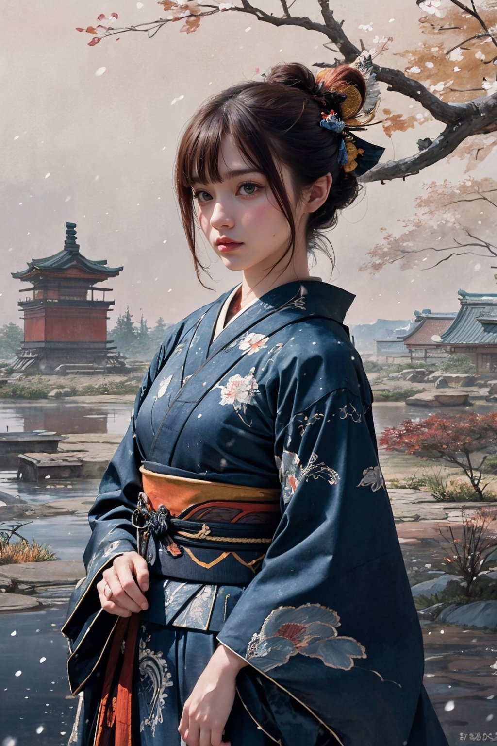 (Hashimoto Kanna as 1 Japanese Kunoichi:1.2) (autumn, snowing), (water color style) ,(revealing warrior costume:1.2), dim light, muted color,Impressionism, (ultra detailed background of a ancient Japanese buildings), harmonious composition, epic art work, Hashimoto Kanna
