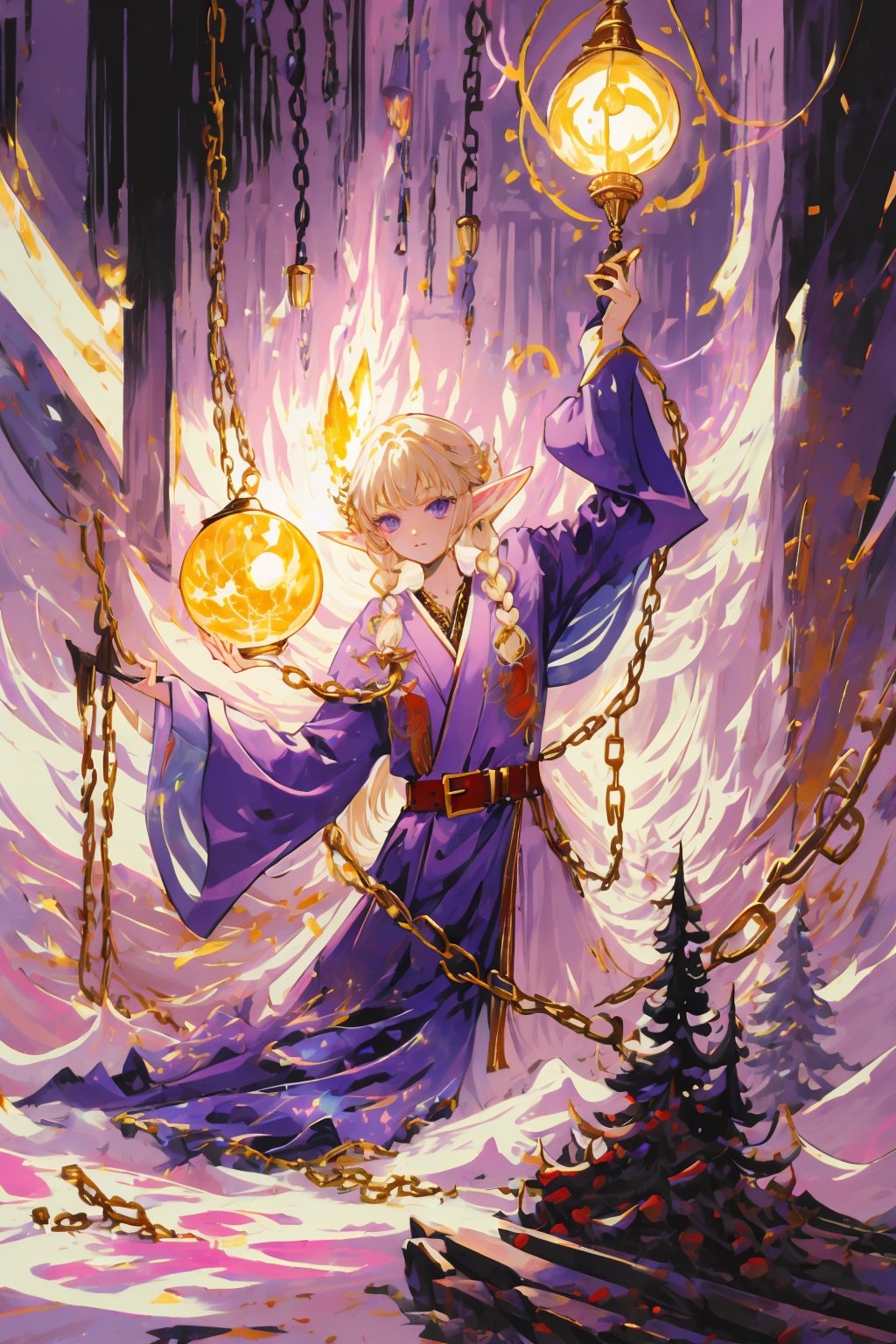 detailed anime style, beautiful and stunning artwork, purple clothes, shimmering shadows, strong colors, candy cotton pastel colors, young girl, tsundere, young elf girl, golden baculum, light blonde straight voluminous hair with braids and accessories, long hair, purple eyes, side leak robes. pink cloth details. magic gadgets, orbs, lamps, poles, lampshade, ornate background with white and pink lights, purple front robes with pink details, side of the body shown, side nudity, arms shown, golden belt, chain details, sorcerer, conjuring magic, by Yoshitaka Amano, CLAMP, Dungeons and Dragons, acrylic art, pastel colors, holding a magic fireball, fireball, magic,ink,fantasy00d,monochrome,amano yoshitaka,DonMDj1nnM4g1cXL ,Fantasy