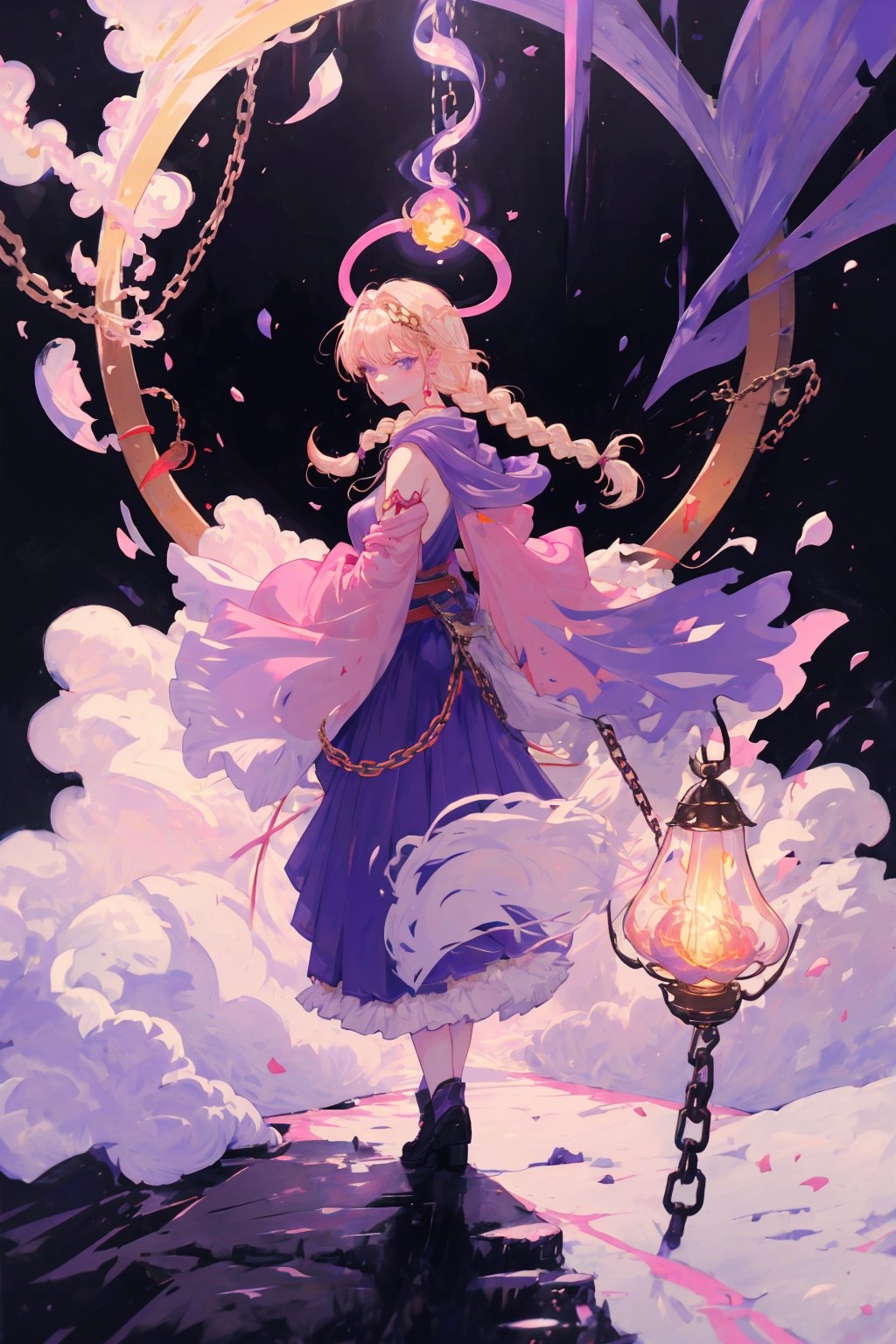 detailed anime style, beautiful and stunning artwork, purple clothes, shimmering shadows, strong colors, candy cotton pastel colors, young girl, tsundere, young elf girl, golden baculum, light blonde straight voluminous hair with braids and accessories, long hair, purple eyes, side leak robes. pink cloth details. magic gadgets, orbs, lamps, poles, lampshade, ornate background with white and pink lights, purple front robes with pink details, side of the body shown, side nudity, arms shown, golden belt, chain details, sorcerer, conjuring magic, by Yoshitaka Amano, CLAMP, Dungeons and Dragons, acrylic art, pastel colors, sideboob, holding a magic fireball, fireball, magic, side-open long skirt,ink,fantasy00d,monochrome,amano yoshitaka