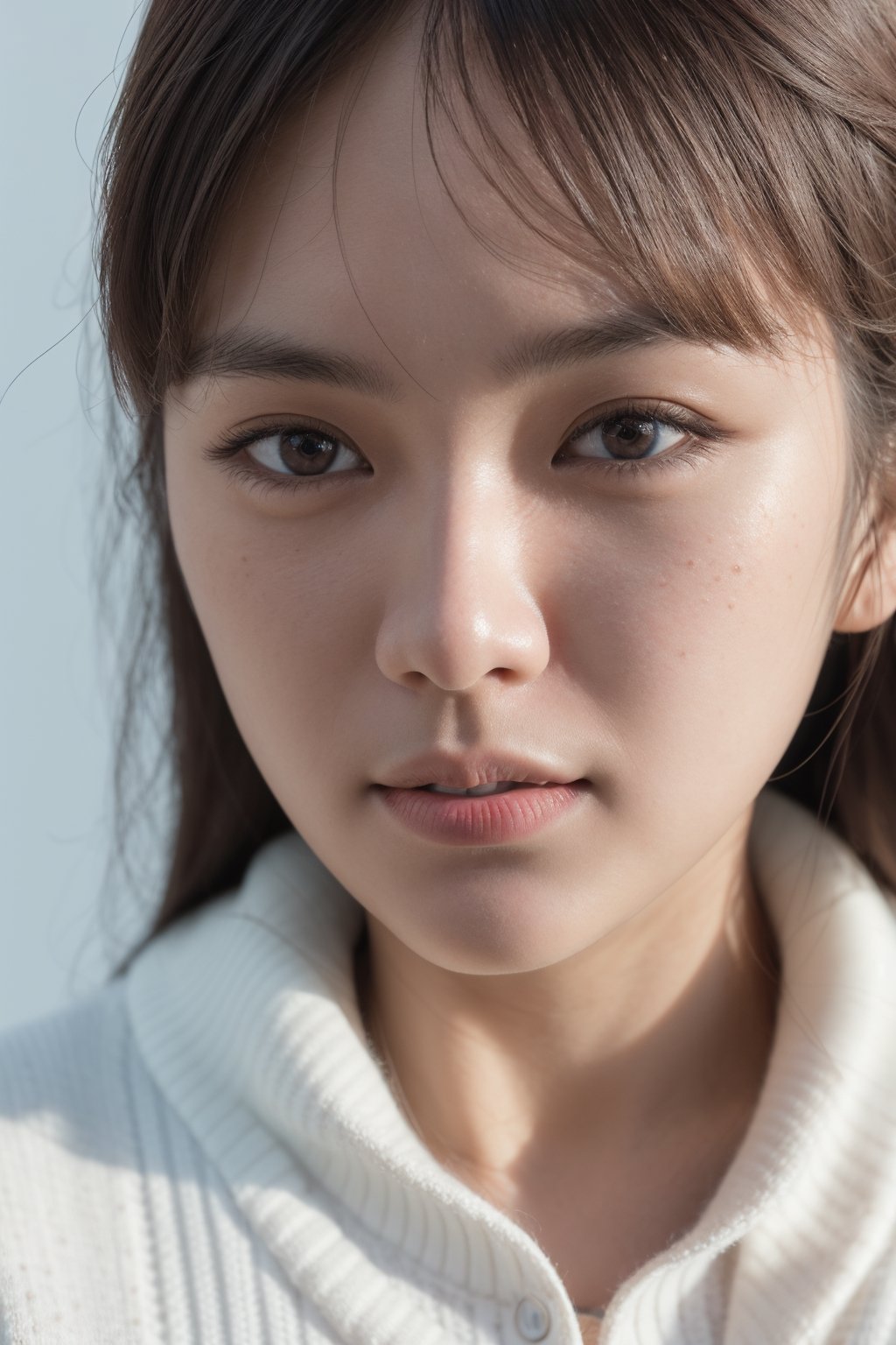 ultra-detailed, photography, (ultra-realistic:1.4), film gran, portrait photo of 23 years old woman in white cardigan, (extreme detailed face and skin), close-up