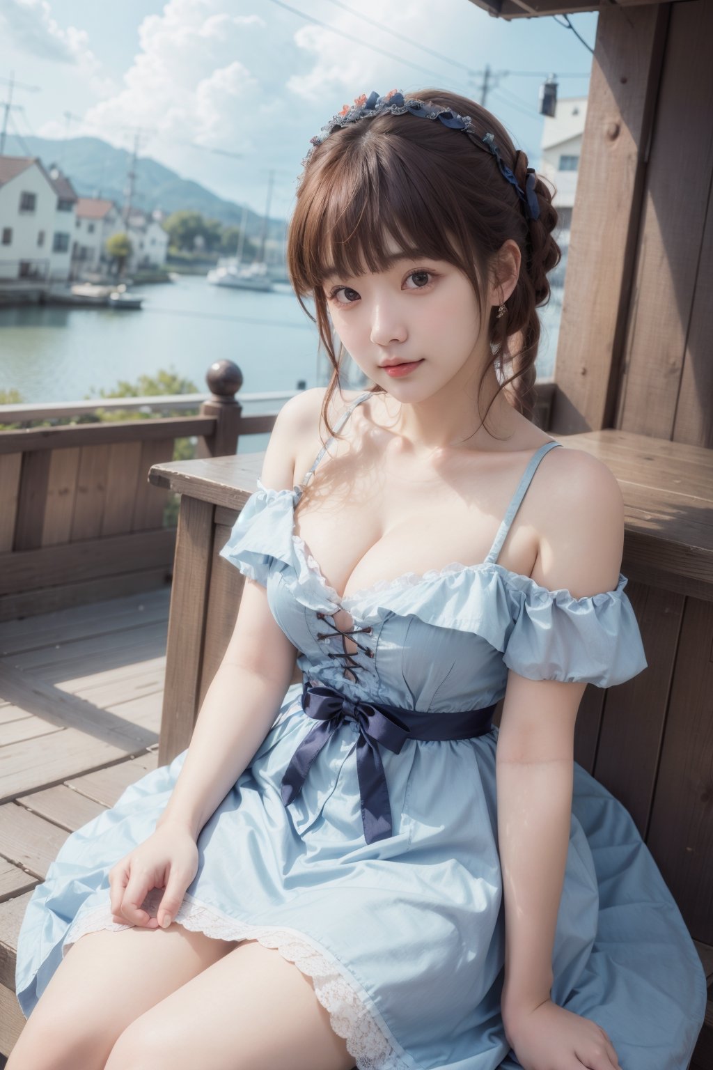 Best quality, masterpiece, film grain, close-up portrait, raw photo of 20 years old woman in off-shoulder lolita fashion lase trim dress, sitting in front of tavern, waist up, shy face, high angle/from above, cleavage, cloudy sky, high key light, hard shadow, dark theme