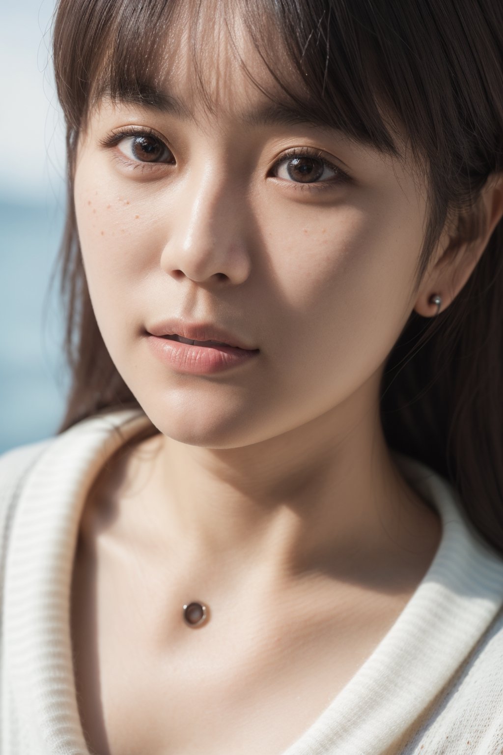 ultra-detailed, photography, (ultra-realistic:1.4), film gran, portrait photo of 23 years old woman in white cardigan, (extreme detailed face and skin), close-up
