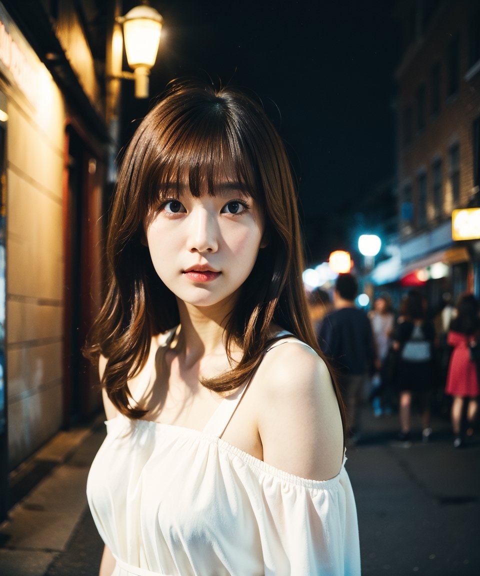 Best quality, masterpiece, photo by fuji-proplus-ii film, half-length portrait, close-up, raw photo of 20 years old woman in white off-shoulder, waist up, long hair, looking at viewer, outdoor, night street, low key light, soft shadow, dark theme, (film grain, film filter:1.3), high angle/from above