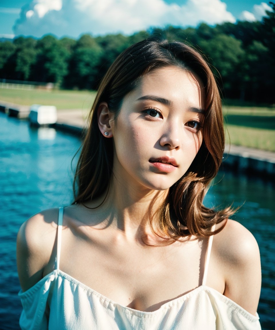 Best quality, masterpiece, film grain, photo by fuji-proplus-ii film, half-length portrait, raw photo of 20 years old woman in off-shoulder, waist up, long brown hair with jewelry, high angle/from above, deep cloudy sky, outdoor, low key light, soft shadow, dark theme
