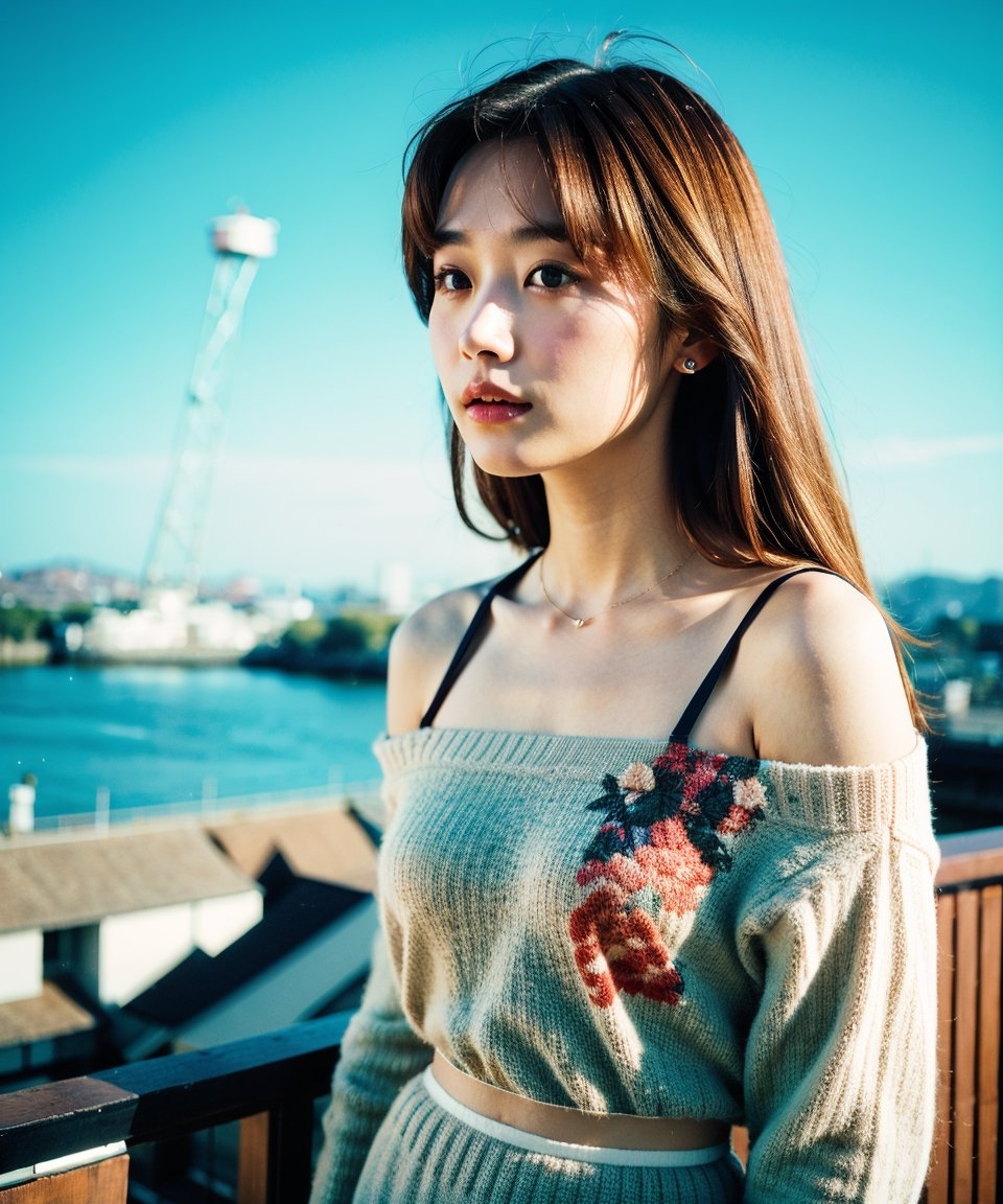 Best quality, masterpiece, film grain, photo by fuji-proplus-ii film, Vignetting, half-length portrait, raw photo of 20 years old woman in off-shoulder, waist up, long brown hair with jewelry, high angle/from above, deep cloudy sky, outdoor, low key light, soft shadow, dark theme,