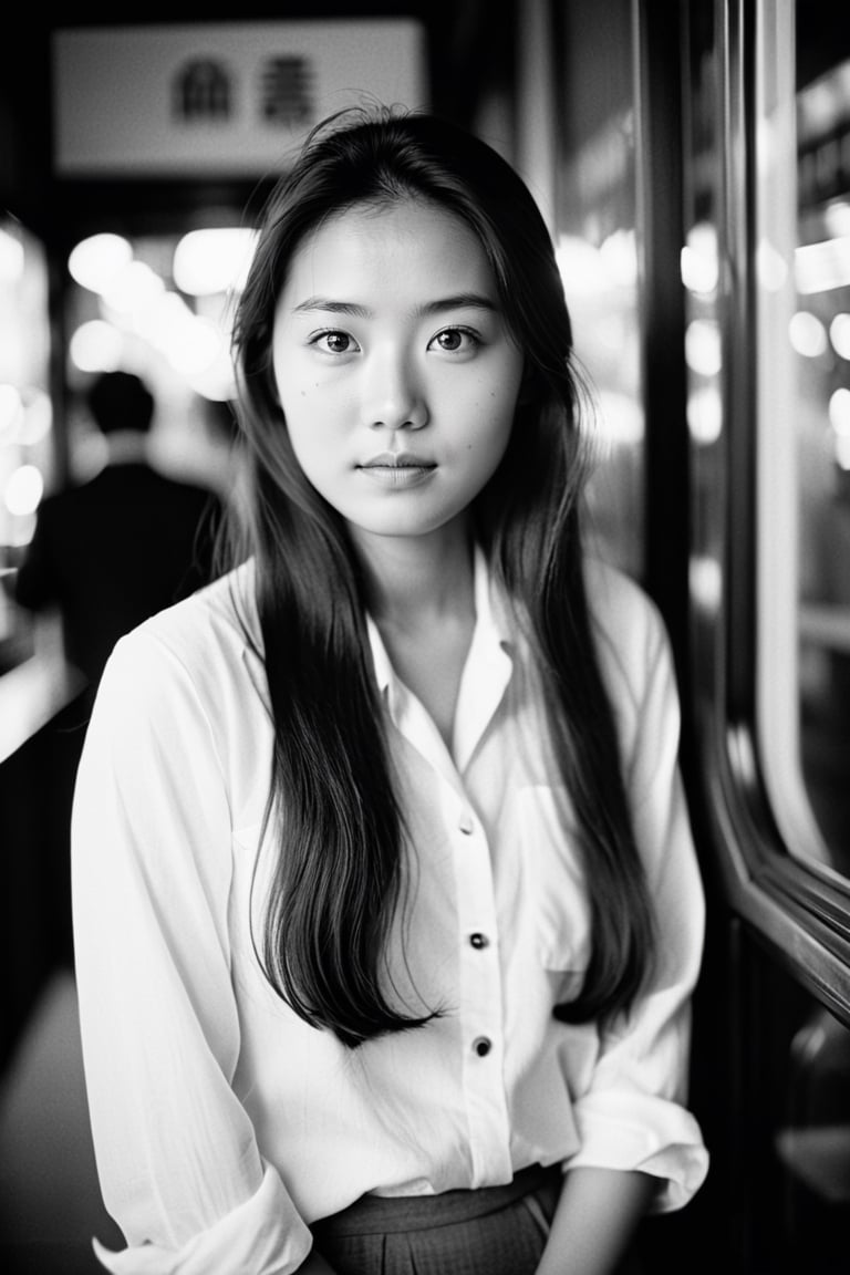 masterpiece, best quality, analogue photo of asian girl, long hair, eye level, high key lighting, photo by Leica M3 with 50mm lens, Tri-X 400 black and white film, (documentary photography, professional photo, balanced photo, balanced exposure)
