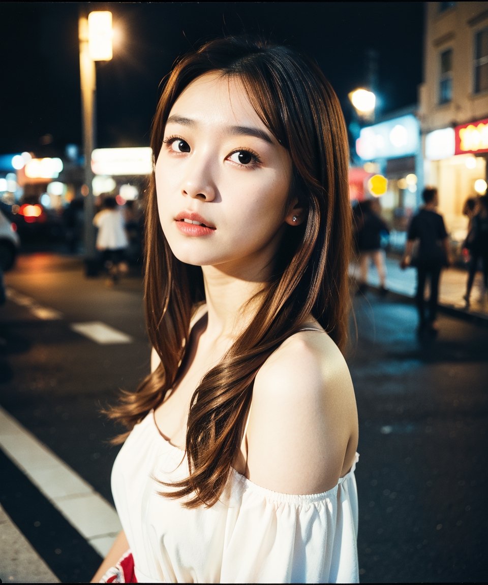 Best quality, masterpiece, photo by fuji-proplus-ii film, half-length portrait, close-up, raw photo of 20 years old woman in white off-shoulder, waist up, long hair, looking at viewer, outdoor, night street, low key light, soft shadow, dark theme, (film grain, film filter:1.3), high angle/from above