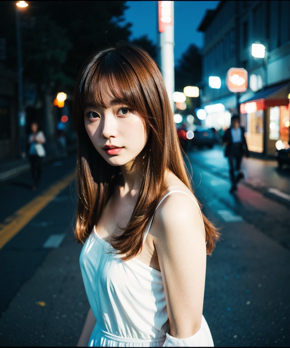 Best quality, masterpiece, photo by fuji-proplus-ii film, half-length portrait, close-up, raw photo of 20 years old woman in white off-shoulder, waist up, hands behind the head, long hair, looking at viewer, outdoor, night street, low key light, soft shadow, dark theme, (film grain, film filter:1.3), high angle/from above