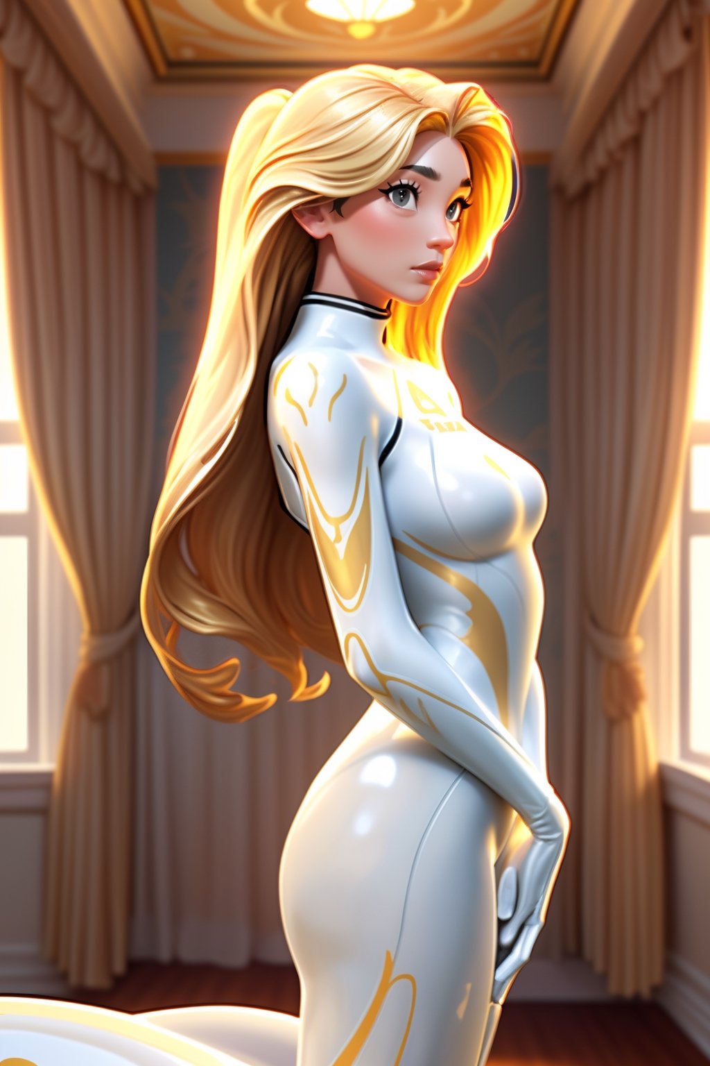 1girl, 18 years old, 180cm tall, side view, face to viewer, cooling, see to top, golden hair, medium length hair, white glossy catsuit,  intricate printing pattern, small breast, perky nipple, bedroom background, standing, full body,1girl  on background,  masterpiece,rubbersuit02