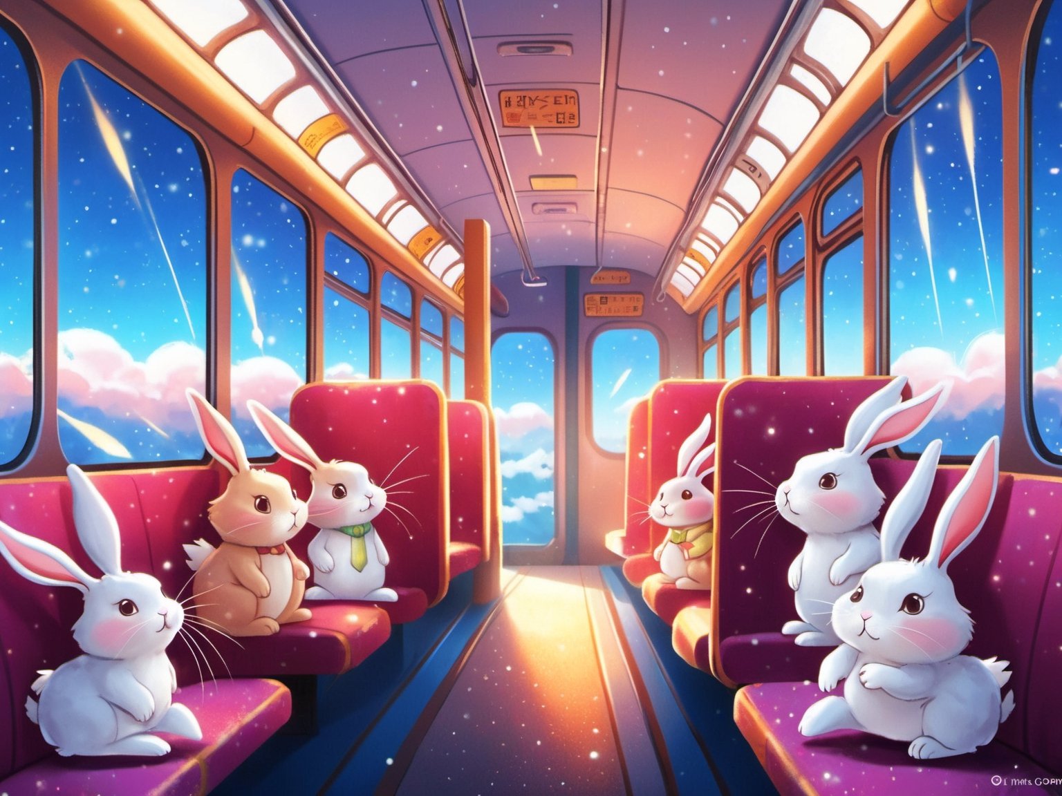 (Epic:1.4),  (A lot of rabbits:1.6),  Being on the train)),  traveling a long distance from the city,  waving goodbye,  saying goodbye,  hugging each other,  Many rabbits appeared from the train window. Waving a handkerchief,  Hands wipe away tears,  Smile with tears,  The atmosphere is full of emotions. (Meteor shower:1.4),  semi realistic hyper detailed,  awesome quality,  ultra-high res,  (photorealistic:1.4),  Masterpiece,  Concept Art,  perfect animal,  colorful wear,  bright light reflecting,  intricate details,  sharp focus,  natural lighting,  perfect shadow,  realistic,  16K,  UHD,  artstation,  pixiv,  CGI art,  extremely detailed cg,  quality,  gorgeous light and shadow,  highres,  (absurdres:1.2),  ultra high res,  high quality,  sparkling eyes,  stunning light,  gorgeous scenes,  ultra detailed,  brilliant color,  Illustrate,  starry sky Shining brightly It was a night so beautiful it was awe-inspiring,  celebrating,  in a wintery scene pink purple blue green northern lights,  trending on artstation,  kawaii,  sharp focus,  Photorealistic Images,  (extra wide shot:1.4),  dynamic lighting,  vivid colors,  texture detail,  particle effects,  storytelling elements,  narrative flair,  hyper (anime illustration:1.4),  character,  dynamic angle,  no human,,
