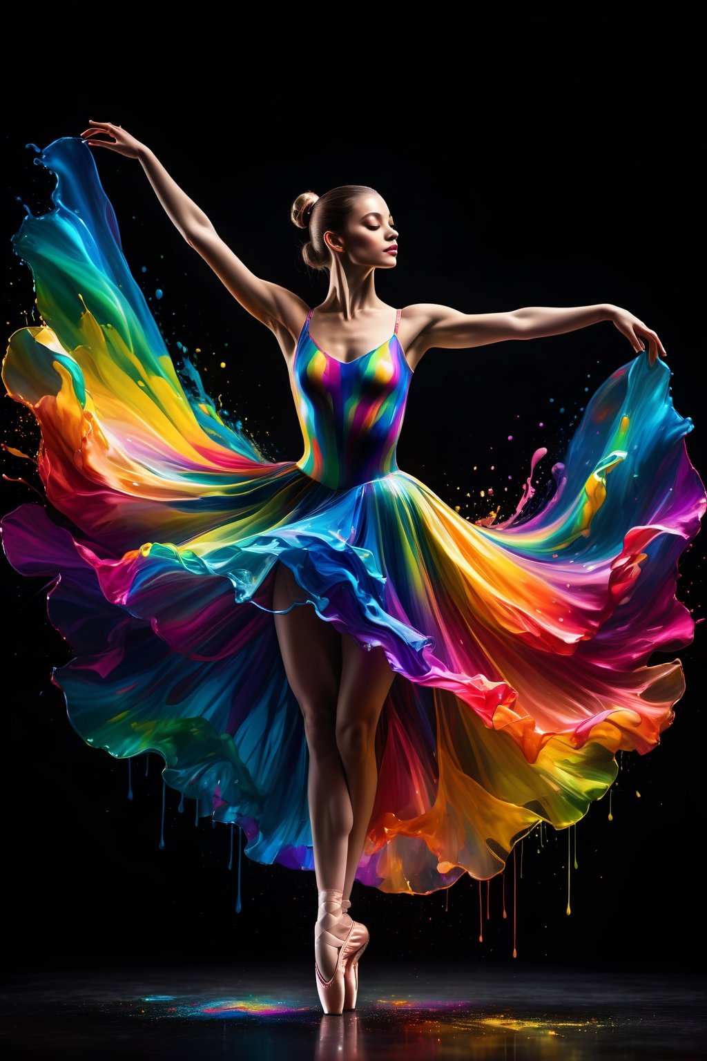 breathtaking illustration of ballerina dancing with a rainbow dress of liquid colors flowing down on dark glossy surface, light spot on ballerina, dark empty background, liquid color splash art, masterpiece, intricate details, highly detailed, high resolution, 64k resolution